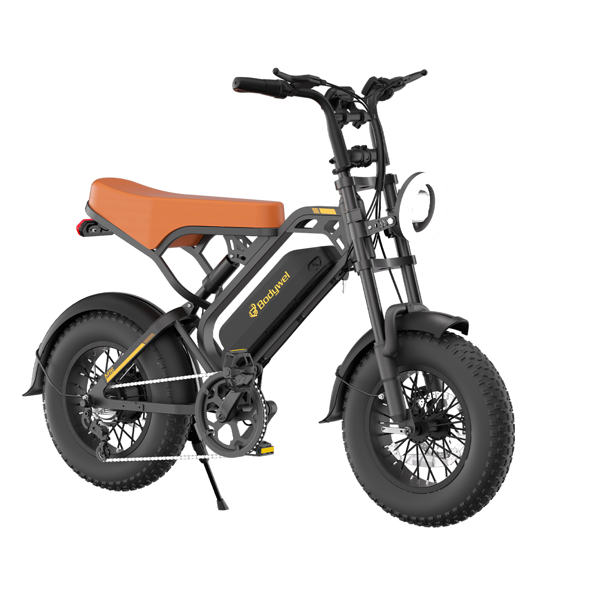 Rower elektryczny, czarna rama, brązowe siodełko, grube opony. Ma reflektor i akumulator z napisem 'Bodywel'.