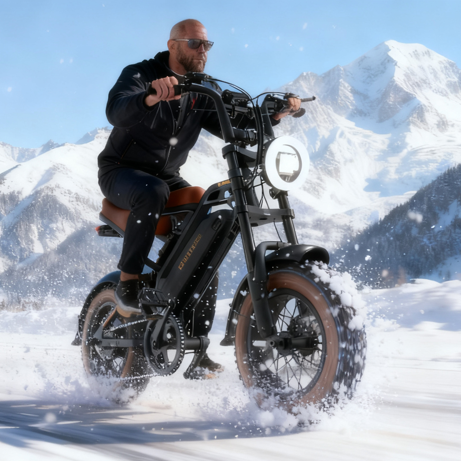 Mężczyzna jedzie czarnym rowerem elektrycznym po śniegu. Ma okulary przeciwsłoneczne. W tle ośnieżone góry.
