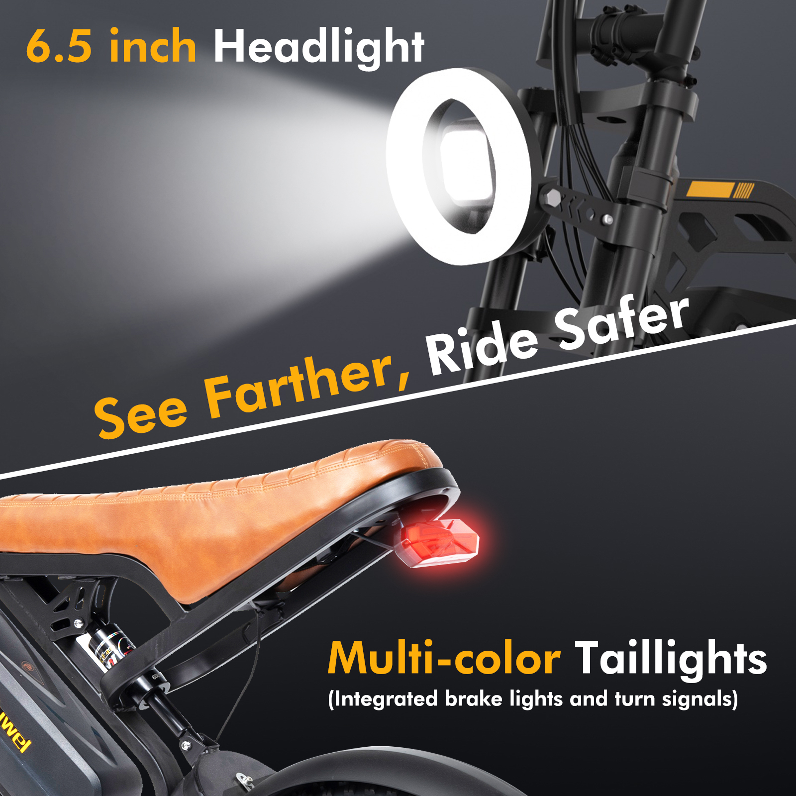 Szczegół reflektora i tylnego światła motocykla. Reflektor jest jasnobiały. Tylne światło jest czerwone. Widoczne brązowe siedzenie.