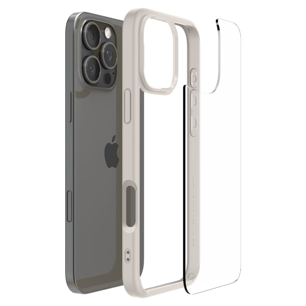 Un iPhone con custodia e protezione schermo. L'iPhone è grigio, la custodia bianco sporco e la protezione trasparente.