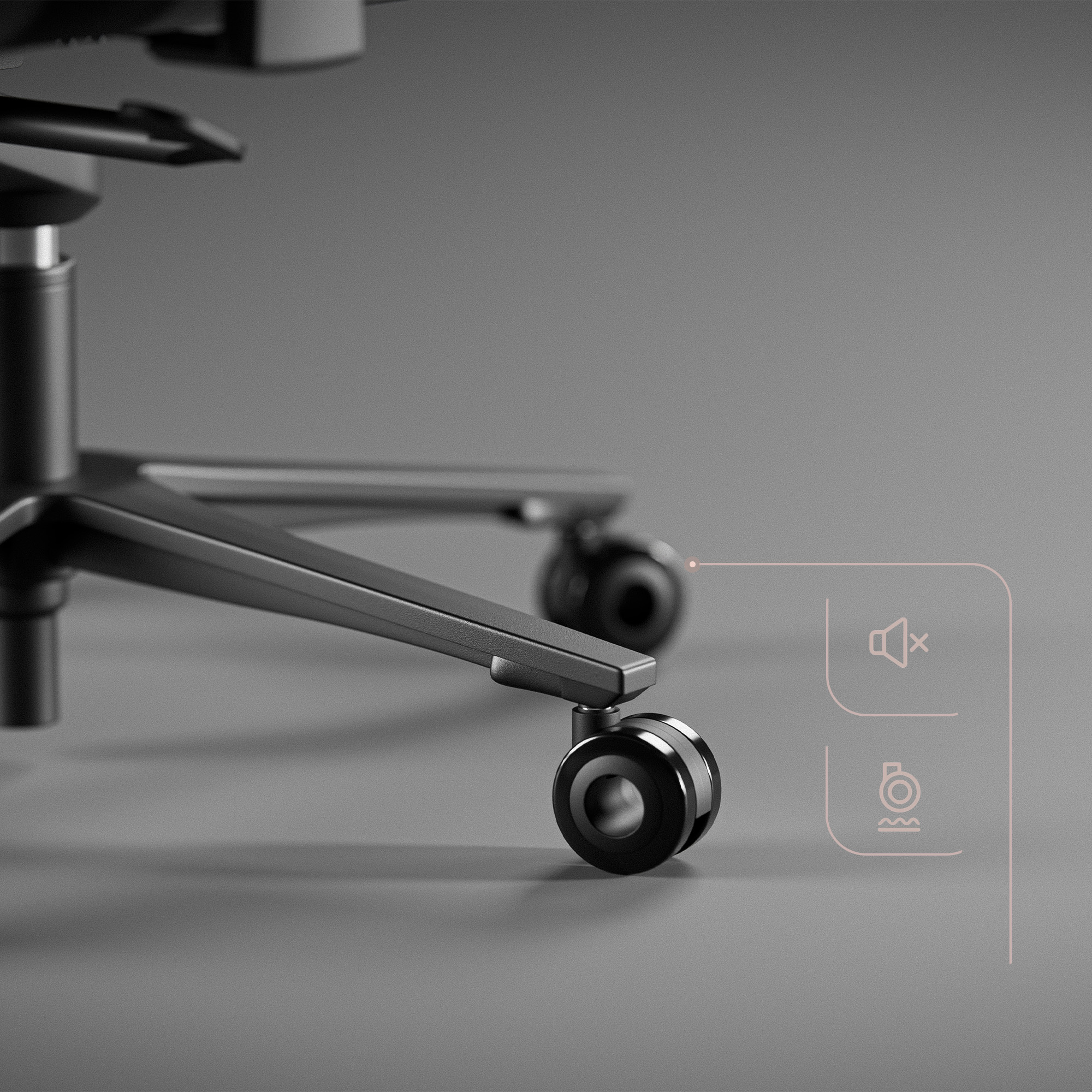 Zbliżenie koła czarnego krzesła biurowego. Widoczna ikona wyciszenia. Tło to szary gradient.