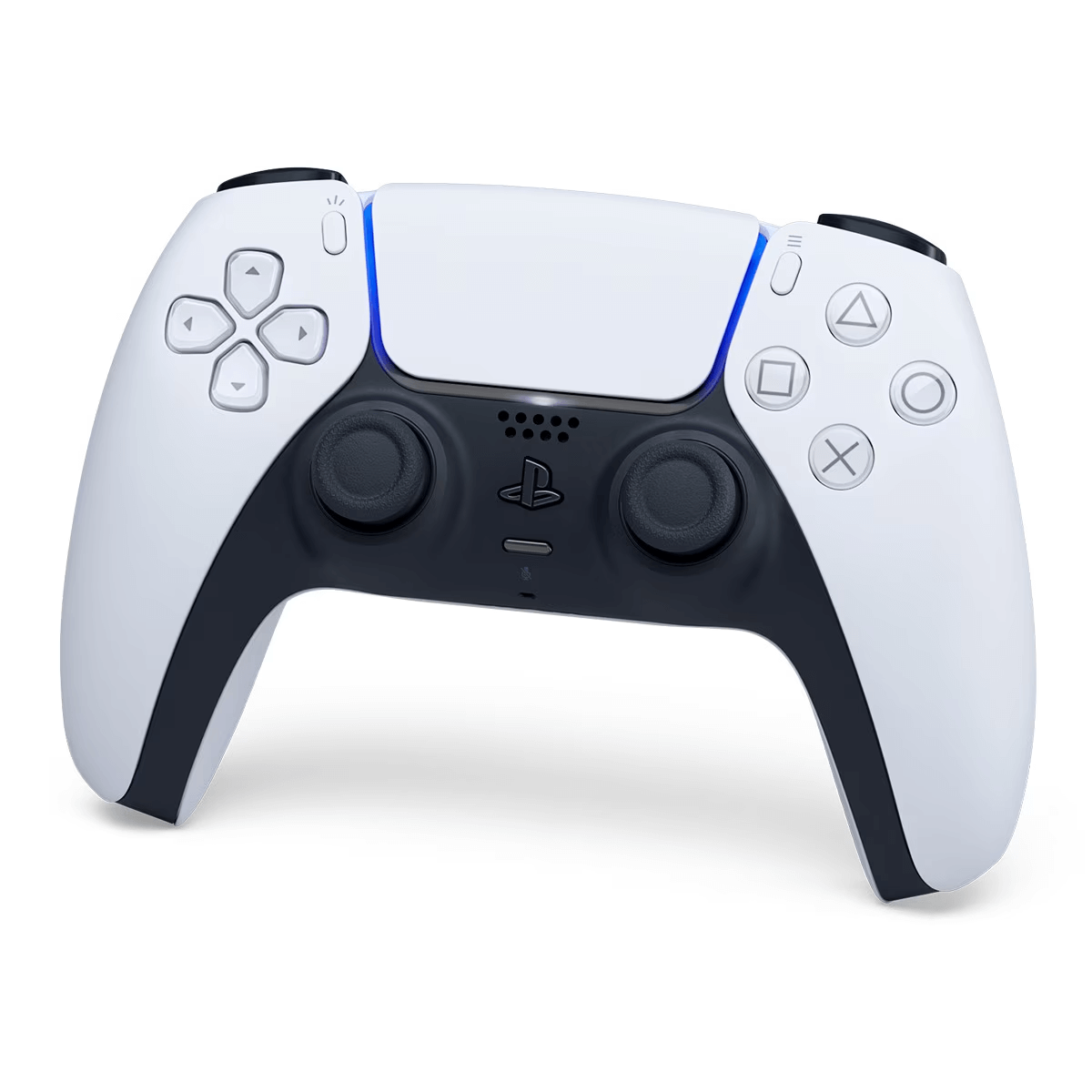 Biało-czarny kontroler Playstation 5, z przyciskami i gałkami analogowymi, jest lekko uniesiony na białym tle.