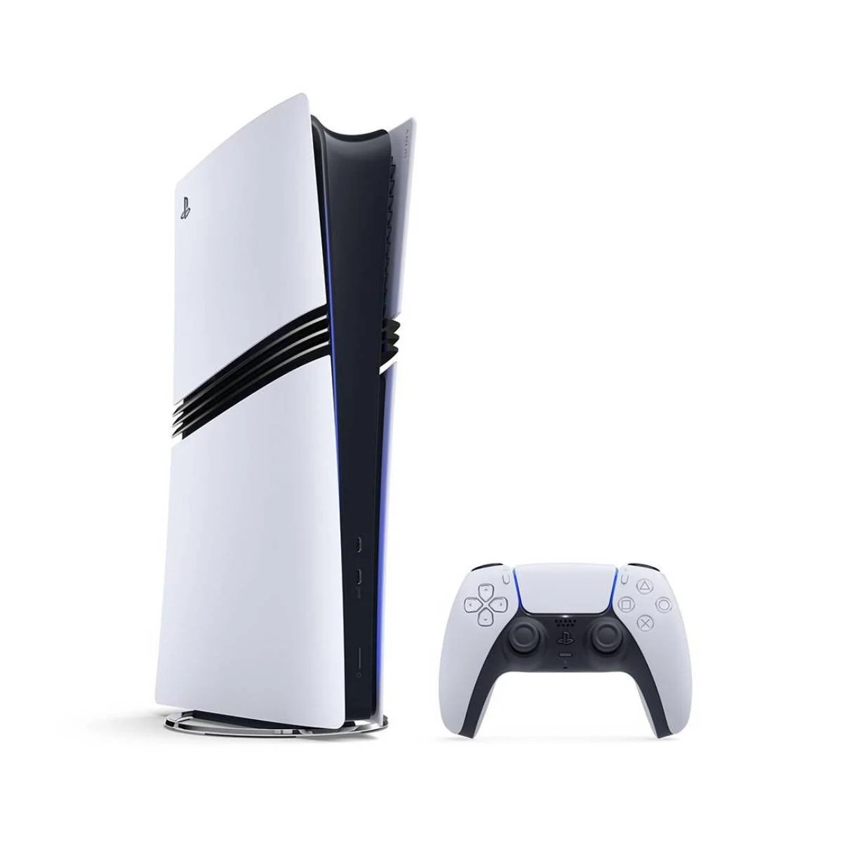 Biała konsola PlayStation 5 i kontroler na białym tle. Konsola ma czarne paski i niebieski akcent.