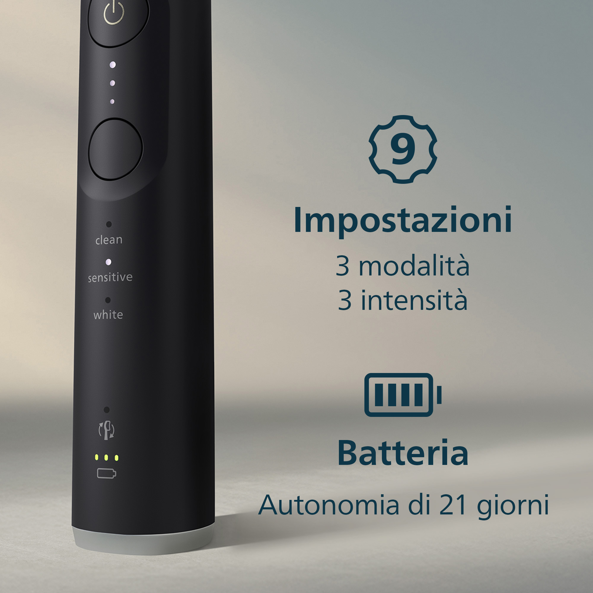 Czarna elektryczna szczoteczka do zębów z ustawieniami i informacjami o baterii wyświetlanymi po włosku.