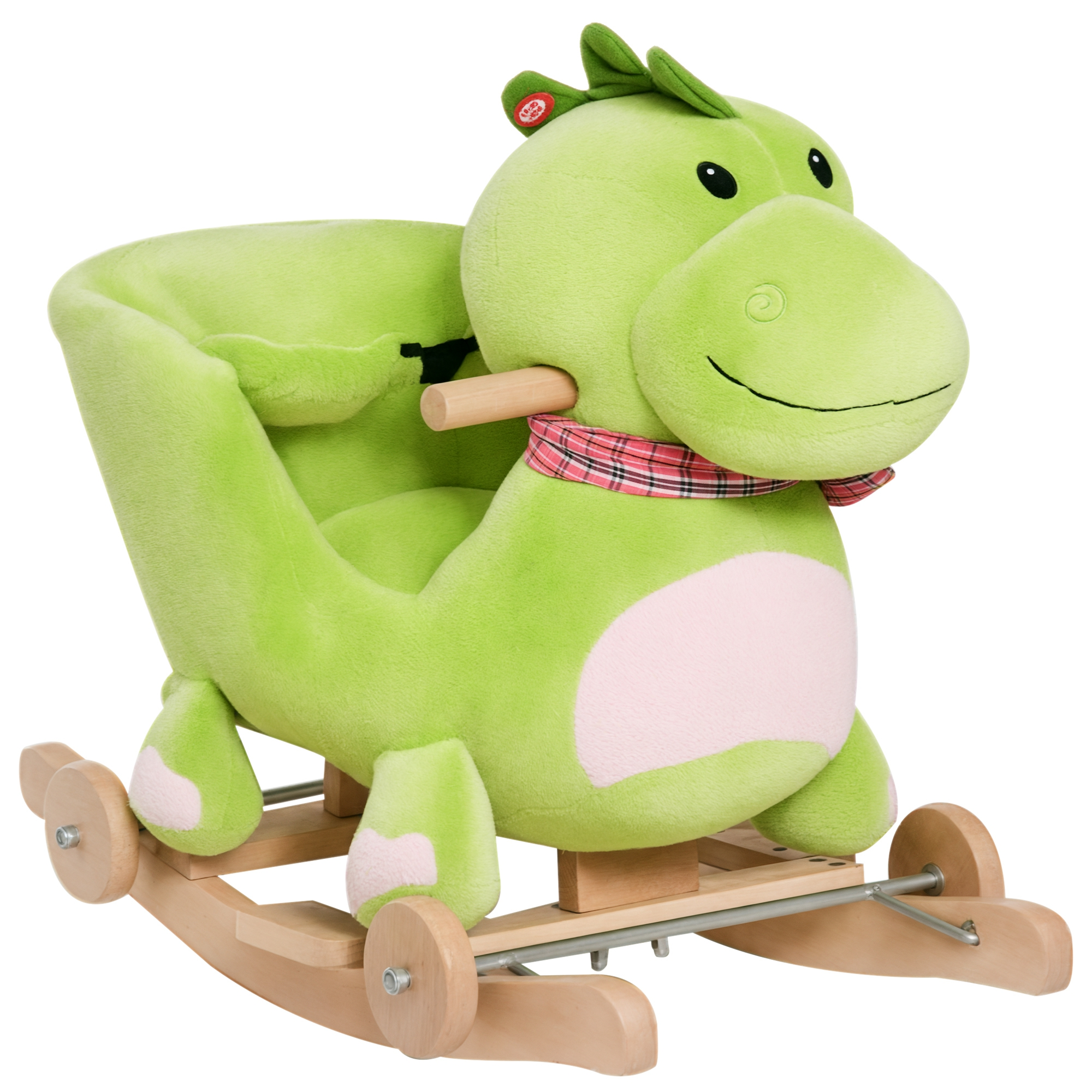Un giocattolo a dondolo a forma di drago verde di peluche con dondoli in legno. Ha una pancia rosa e una sciarpa a scacchi rossa e bianca.