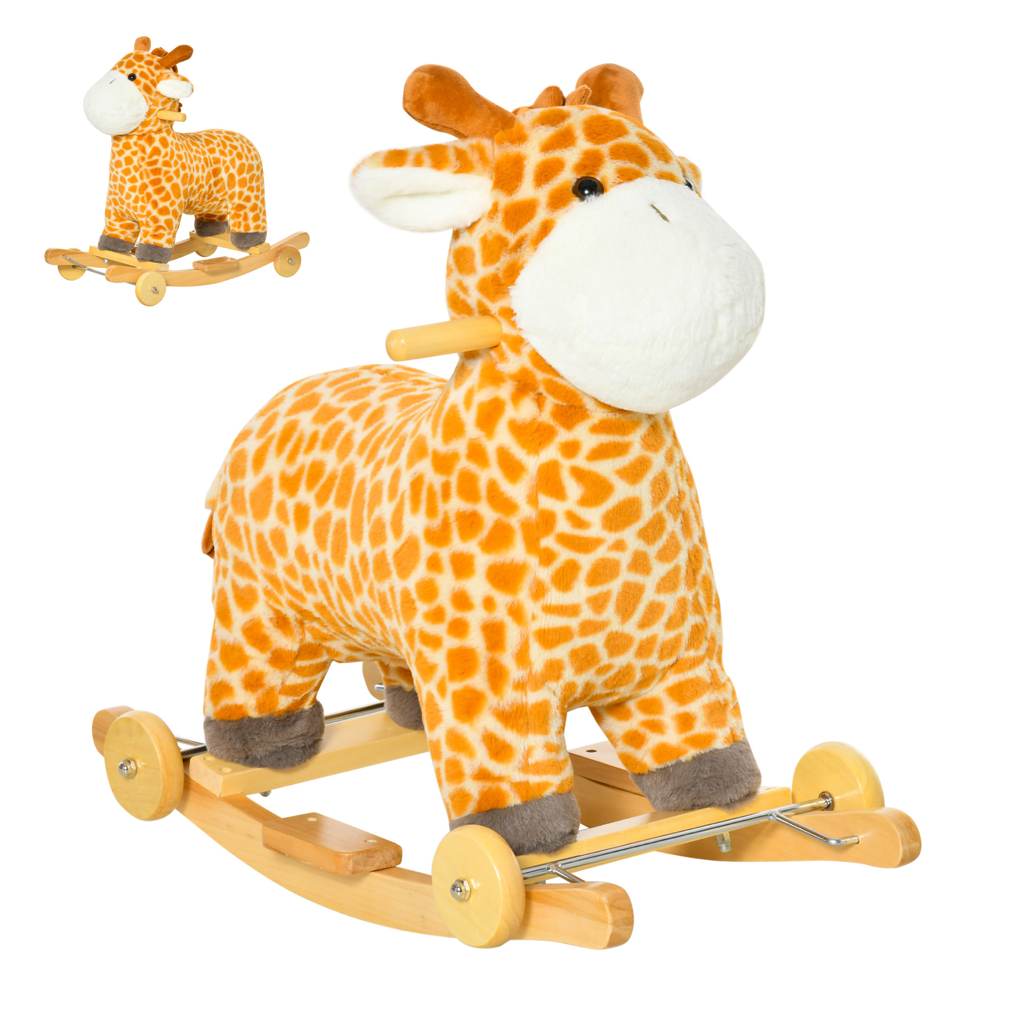 Un cavallo a dondolo a forma di giraffa con macchie arancioni su sfondo chiaro. Base e ruote in legno.