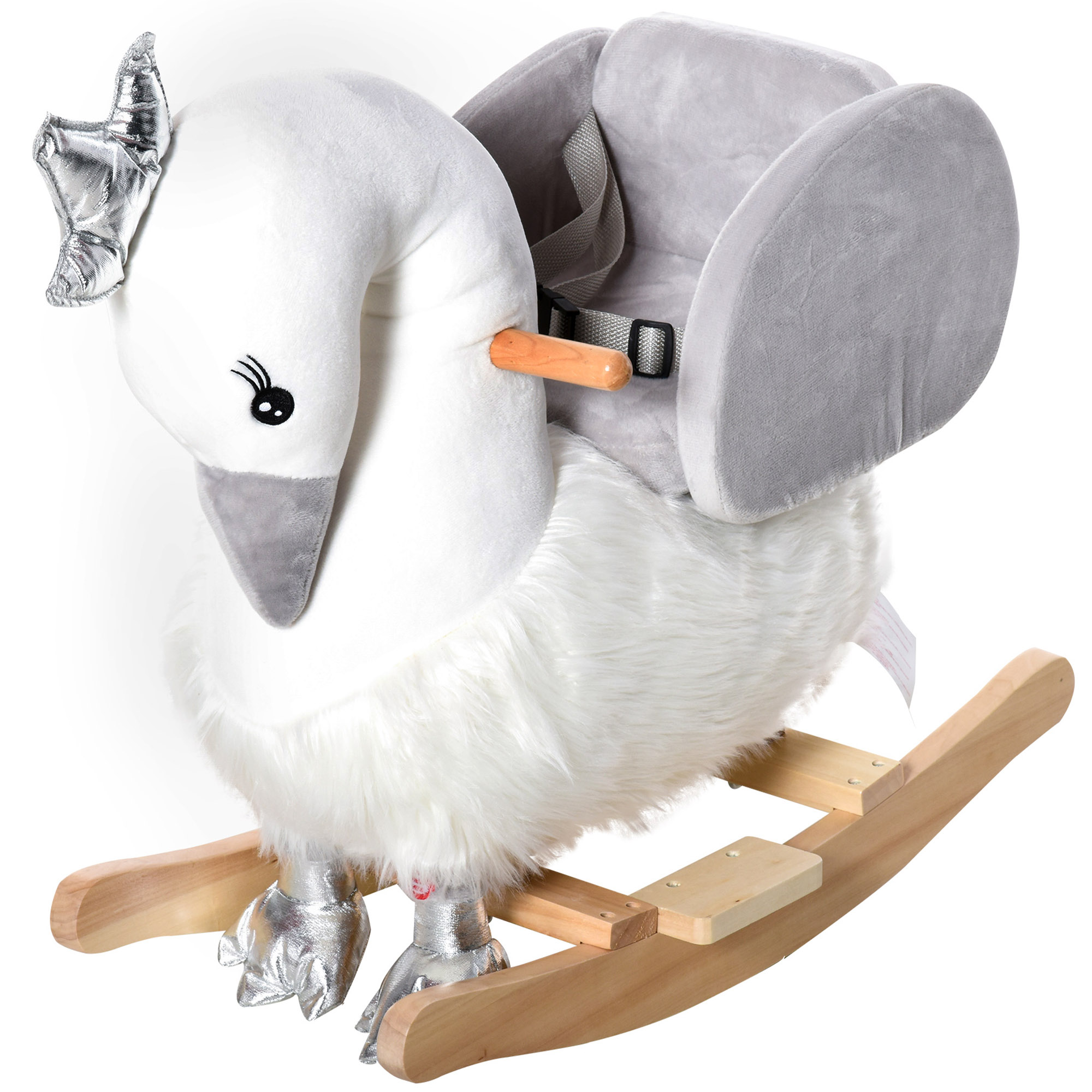 Un cavallo a dondolo a forma di cigno bianco con piedi argentati e sedile grigio, su base in legno.