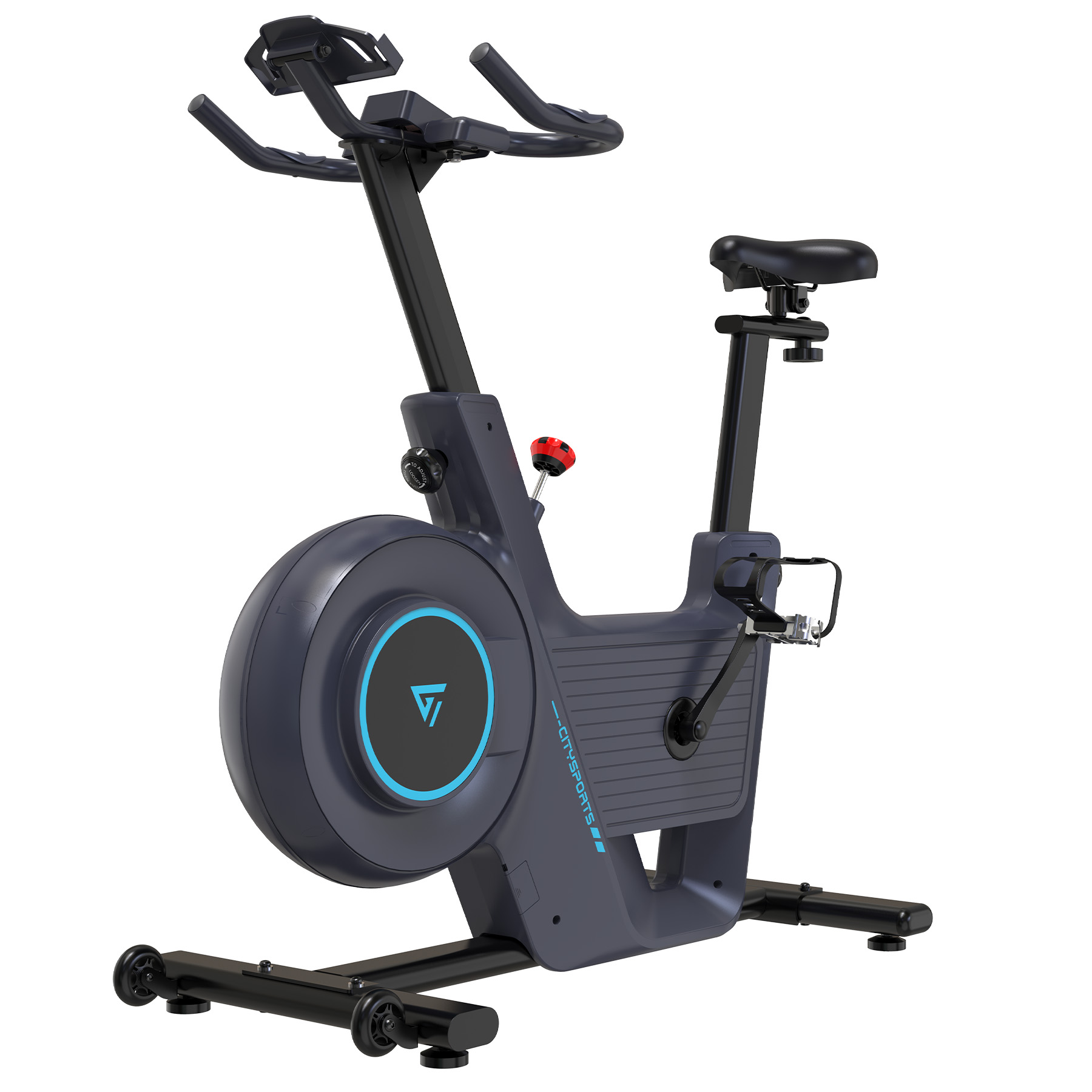 Rower stacjonarny. Szara rama, czarne siodełko i uchwyty. Posiada pokrętło, koło i czerwoną dźwignię.