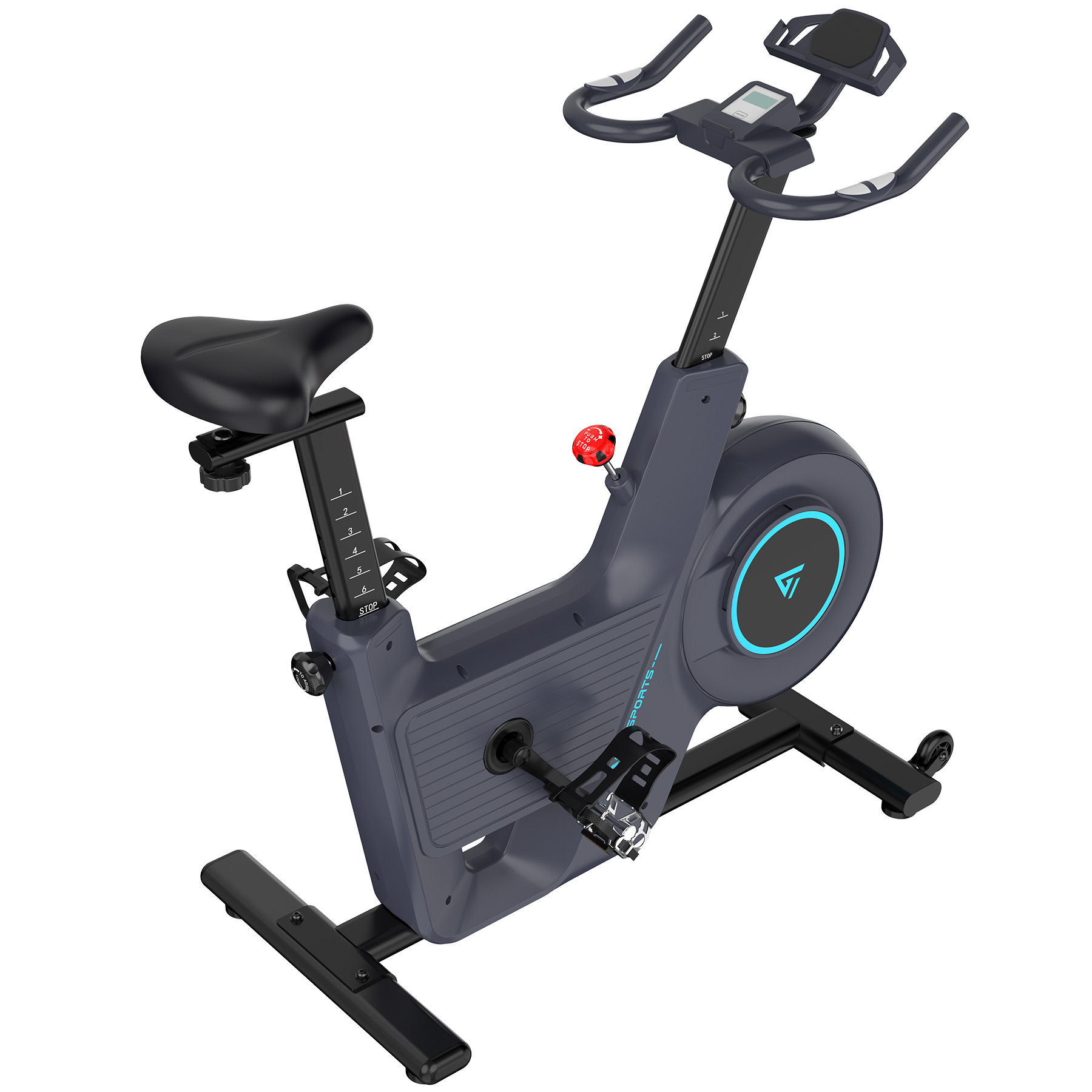 Stacjonarny rower treningowy. Ciemnoszara rama, czarne siodełko i kierownica. Posiada wyświetlacz cyfrowy i czerwony przycisk stop.