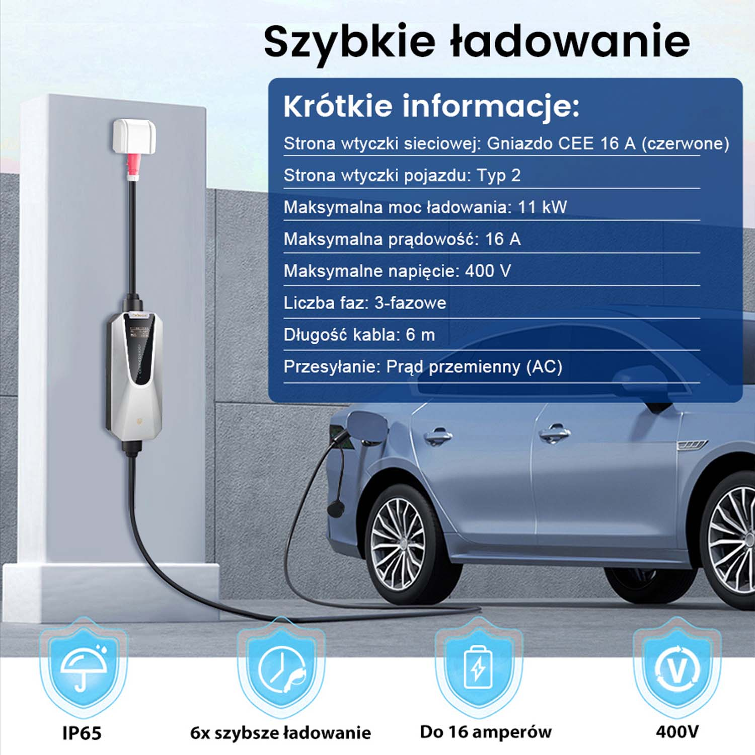Samochód elektryczny w trakcie ładowania. Stacja ładowania z czerwoną wtyczką i informacjami o prędkości i napięciu ładowania.