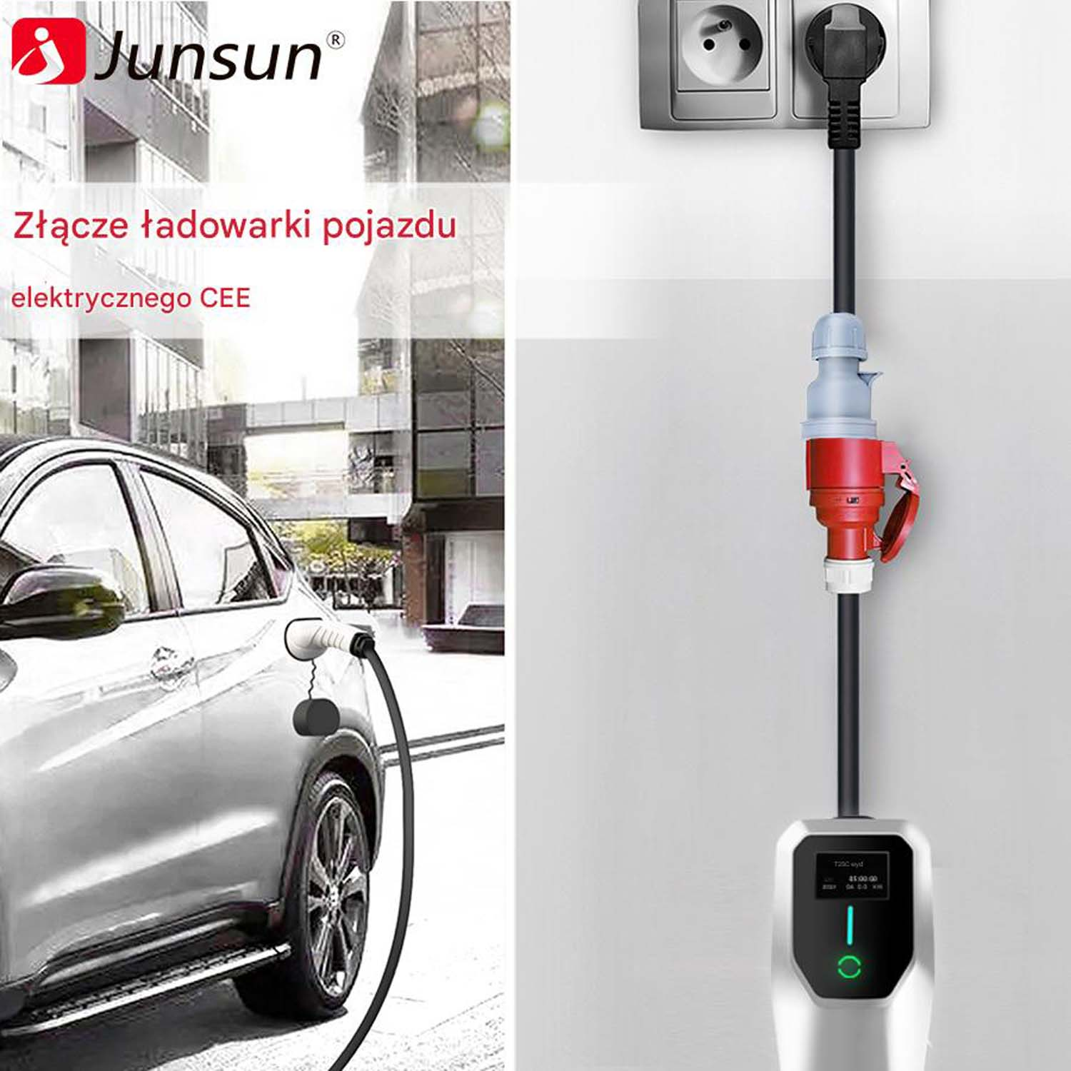 Samochód elektryczny jest ładowany. Ładowarka jest podłączona do samochodu. Stacja ładowania jest na ścianie.