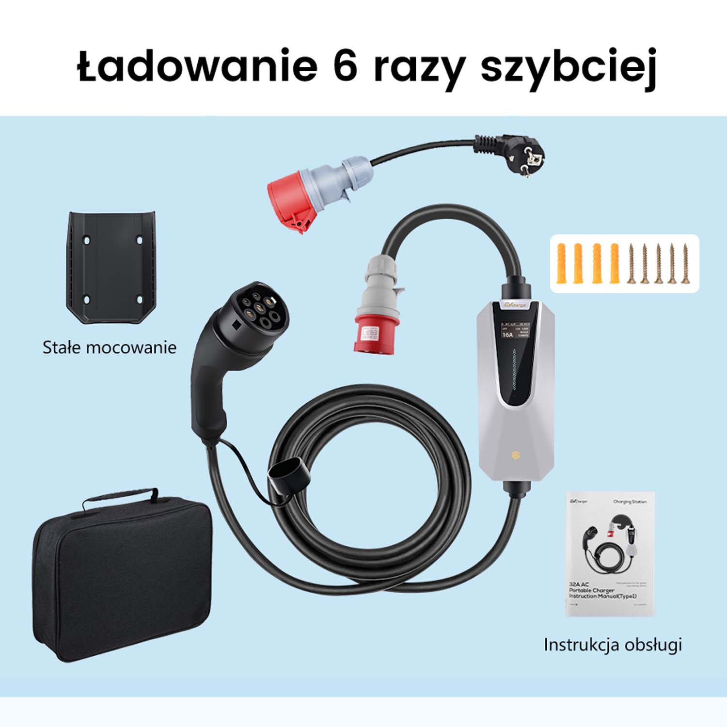 Konfiguracja ładowarki do pojazdów elektrycznych z różnymi komponentami, w tym wtyczkami, jednostką ładującą, torbą transportową i osprzętem instalacyjnym.