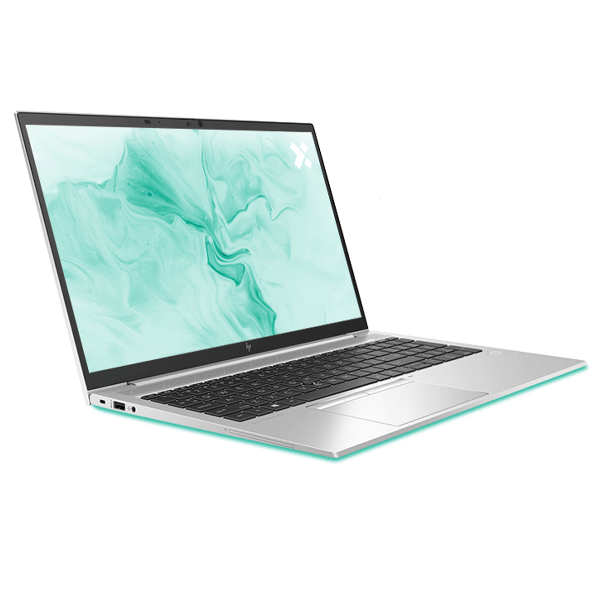Ein silberner Laptop ist geöffnet und zeigt einen abstrakten grün-weißen Hintergrund. Die Tastatur ist schwarz, der Bildschirm ist angewinkelt.