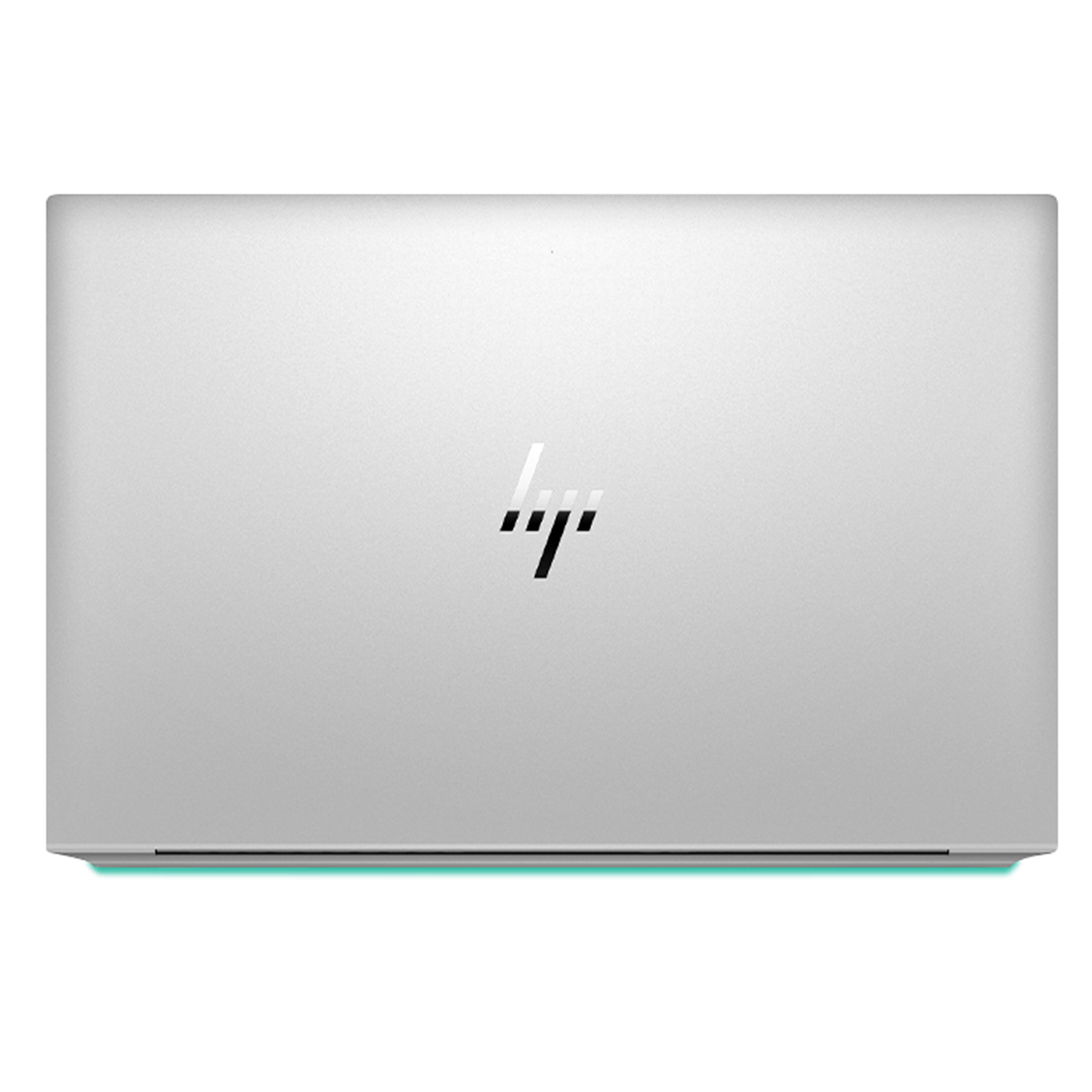 Ein silberner Laptop mit dem HP-Logo. Am unteren Rand befindet sich ein dünnes grünes Licht.