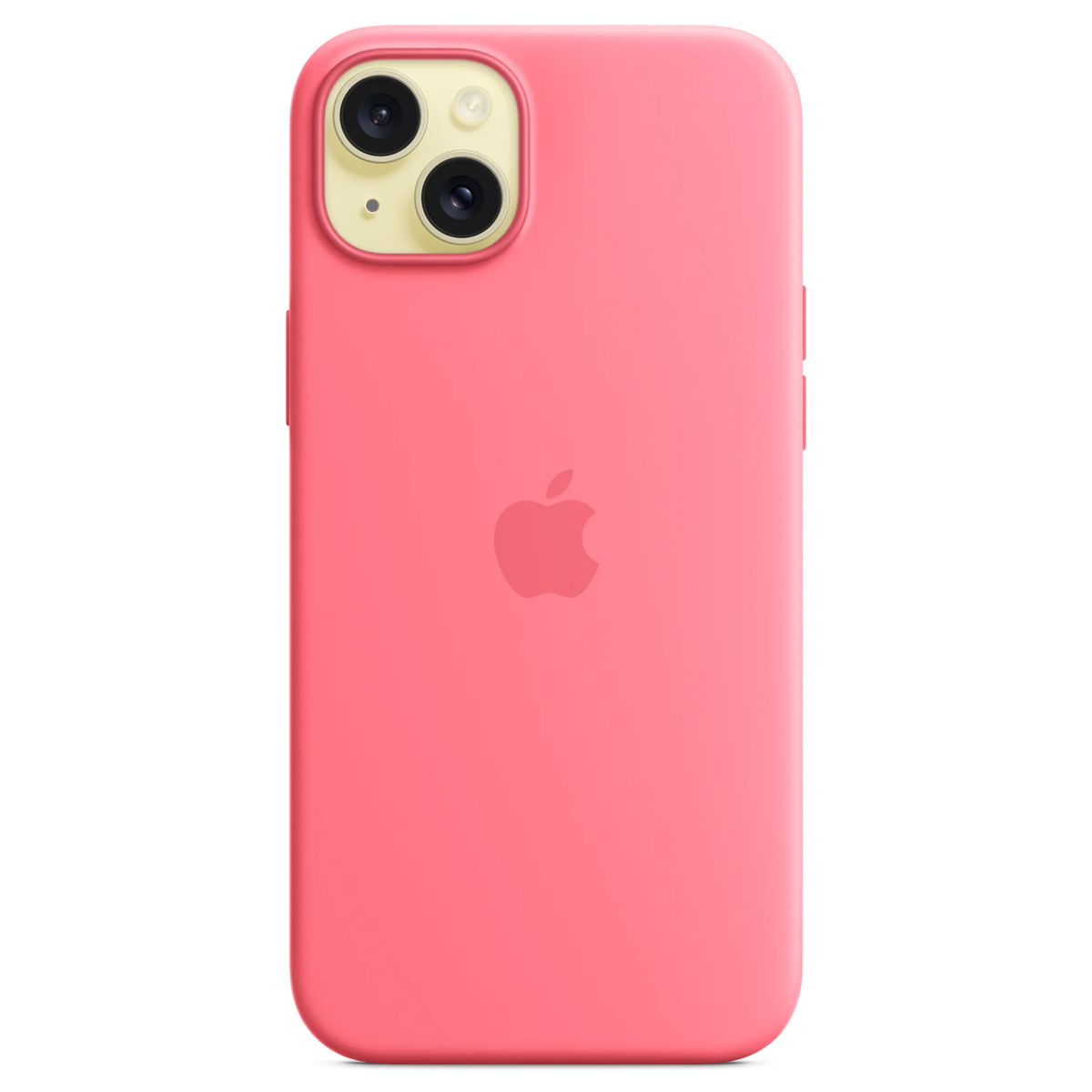 Een roze iPhone-hoesje met cameralenzen en een Apple-logo. De achtergrond is wit. De hoes heeft een gladde textuur.