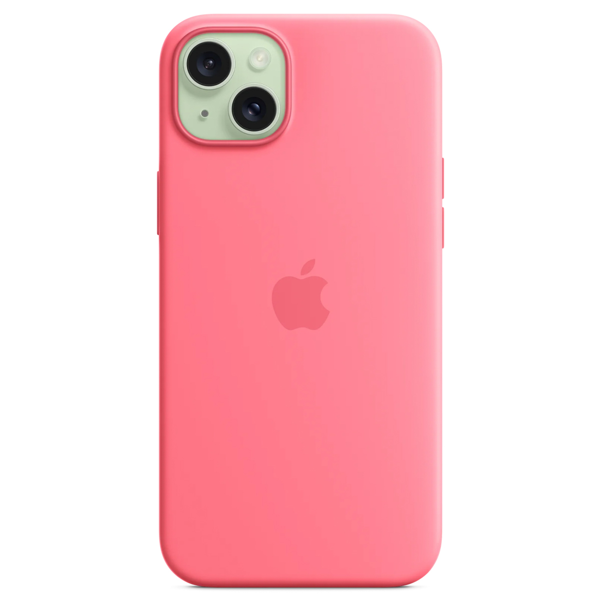 Een roze iPhone-hoesje met cameralenzen en een Apple-logo. De achtergrond is wit. Het roze van het hoesje is een heldere, effen kleur.