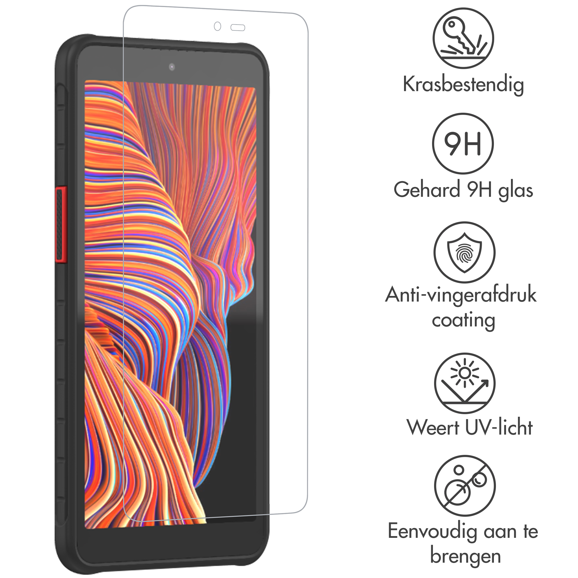 Un telefono con protezione schermo. Le icone mostrano: antigraffio, vetro 9H, anti-impronte, protezione UV, facile applicazione.