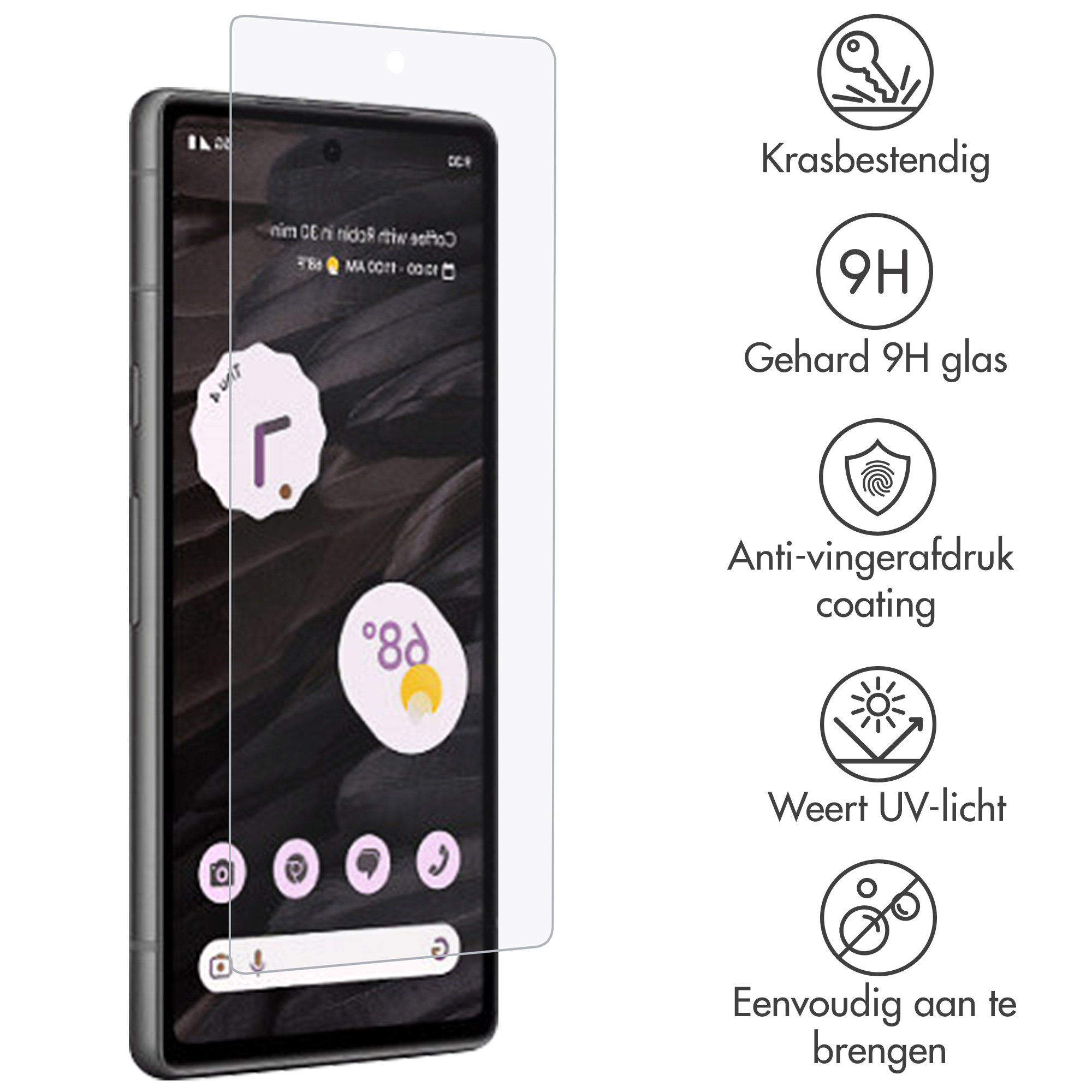 A smartphone with a screen protector applied. Text and icons describe features like scratch resistance and UV protection.
