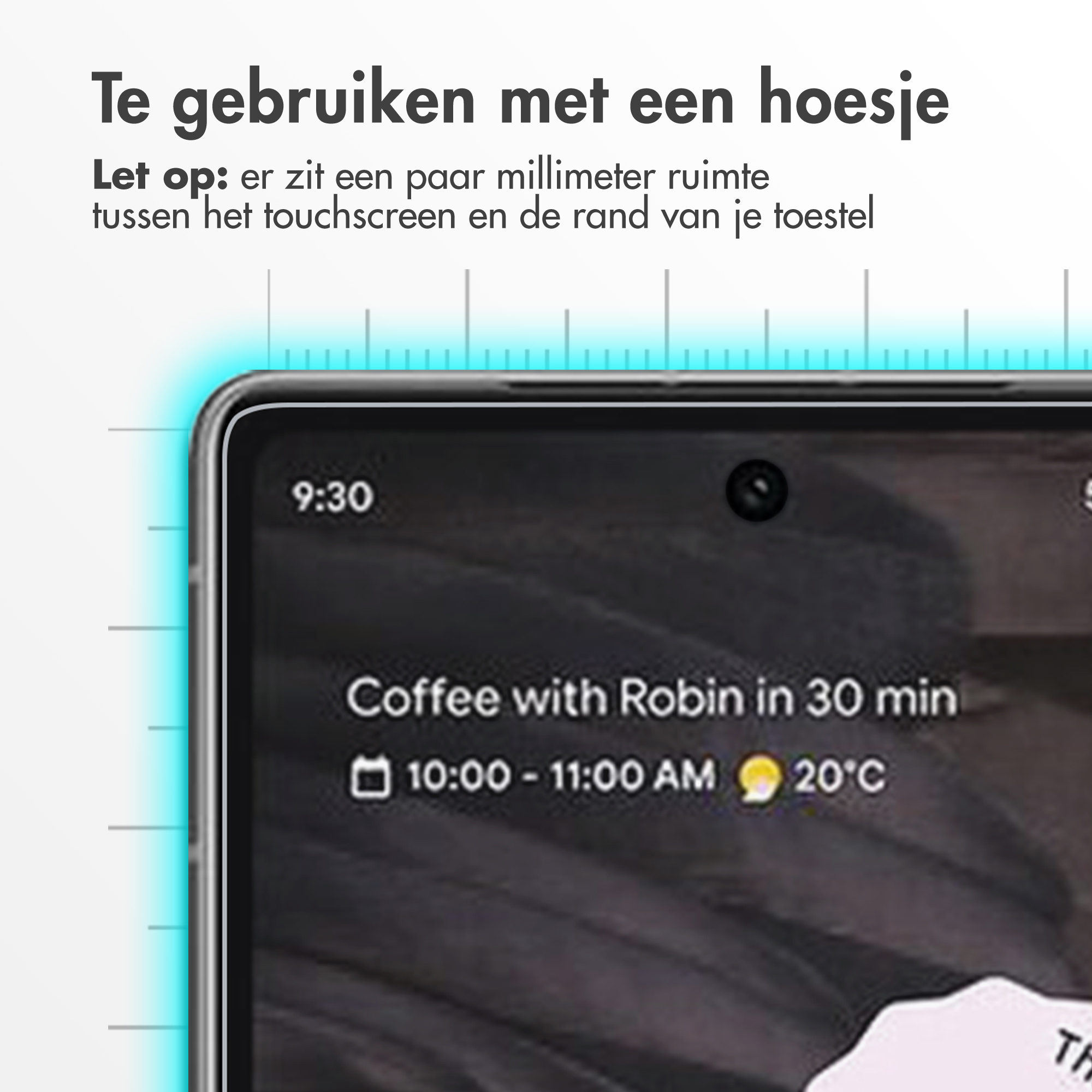A phone screen displays an agenda: Coffee with Robin at 10 AM, 20°C. Text above warns about space for a case.