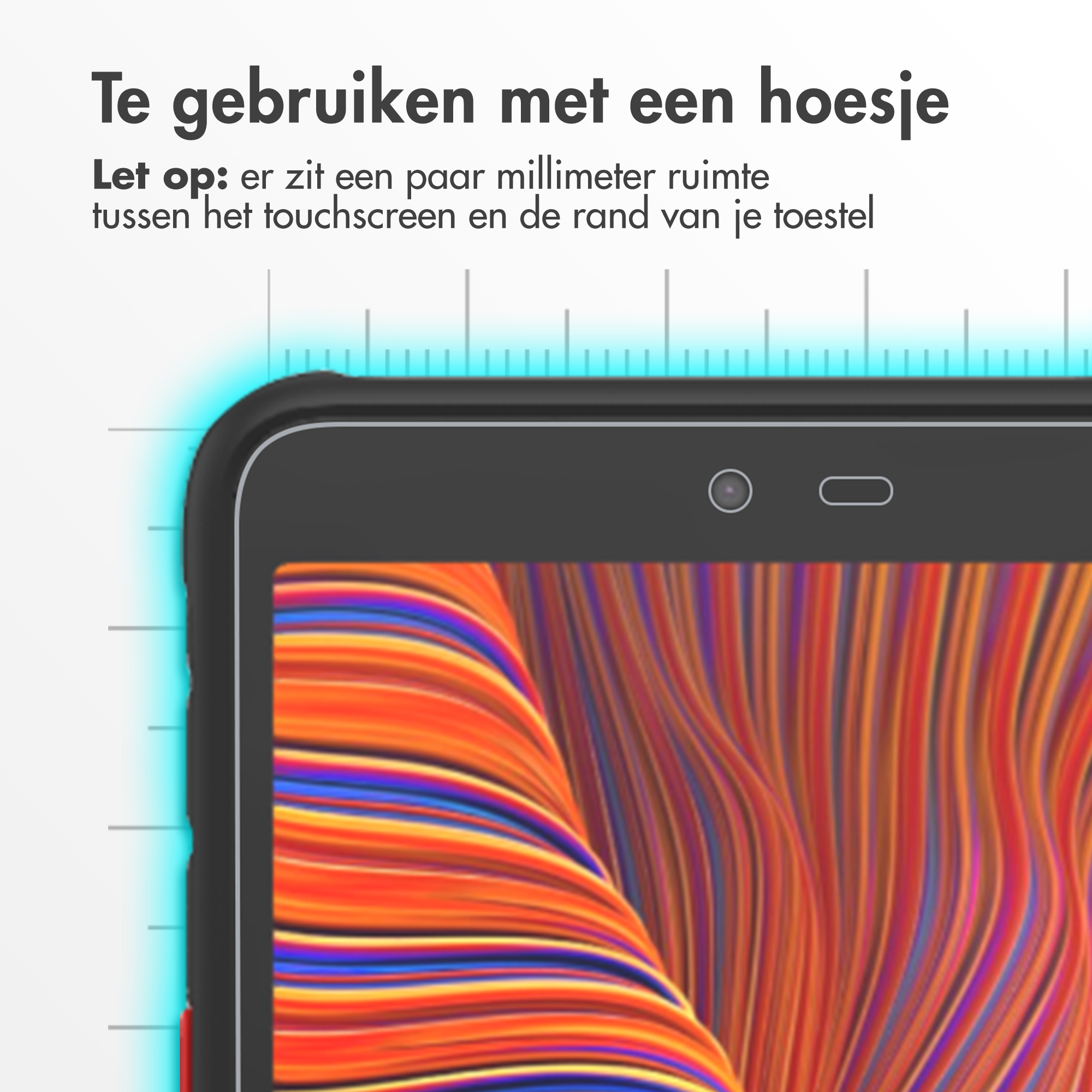Una custodia per telefono con un telefono. Lo schermo mostra linee ondulate colorate. Il testo dice di usare con una custodia.