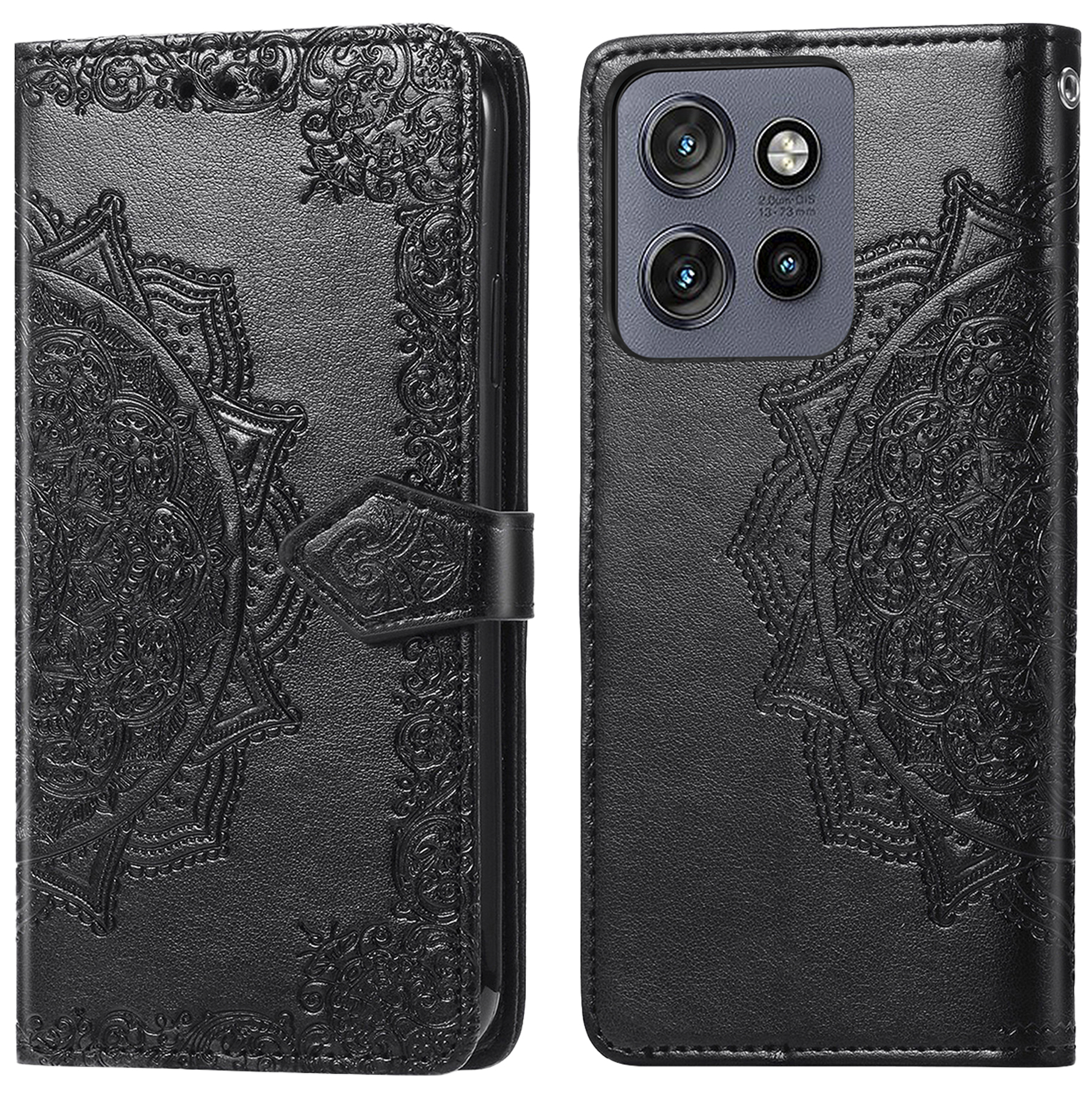 Coque de téléphone noire avec motif mandala en relief, objectifs de caméra visibles. L'étui se ferme avec un fermoir magnétique.