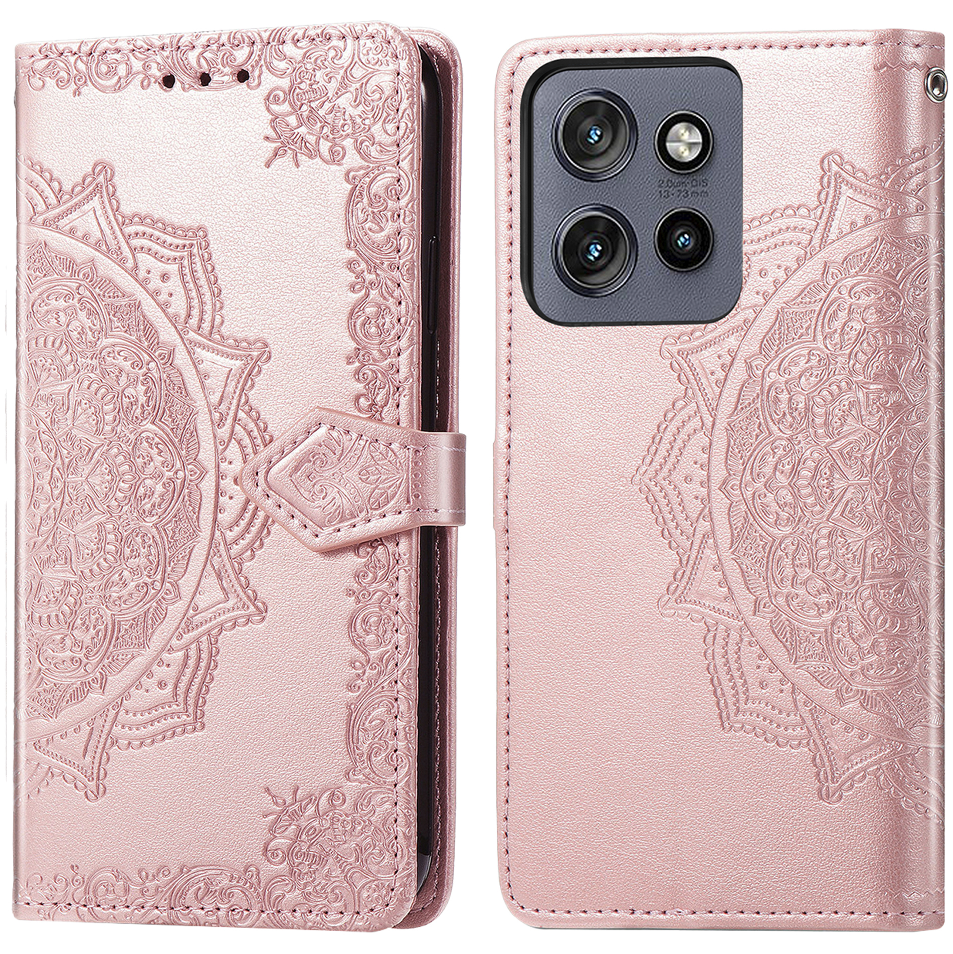 Roze telefoonhoesje met gedetailleerd mandala-ontwerp en camera-uitsparingen. Magnetische sluiting.