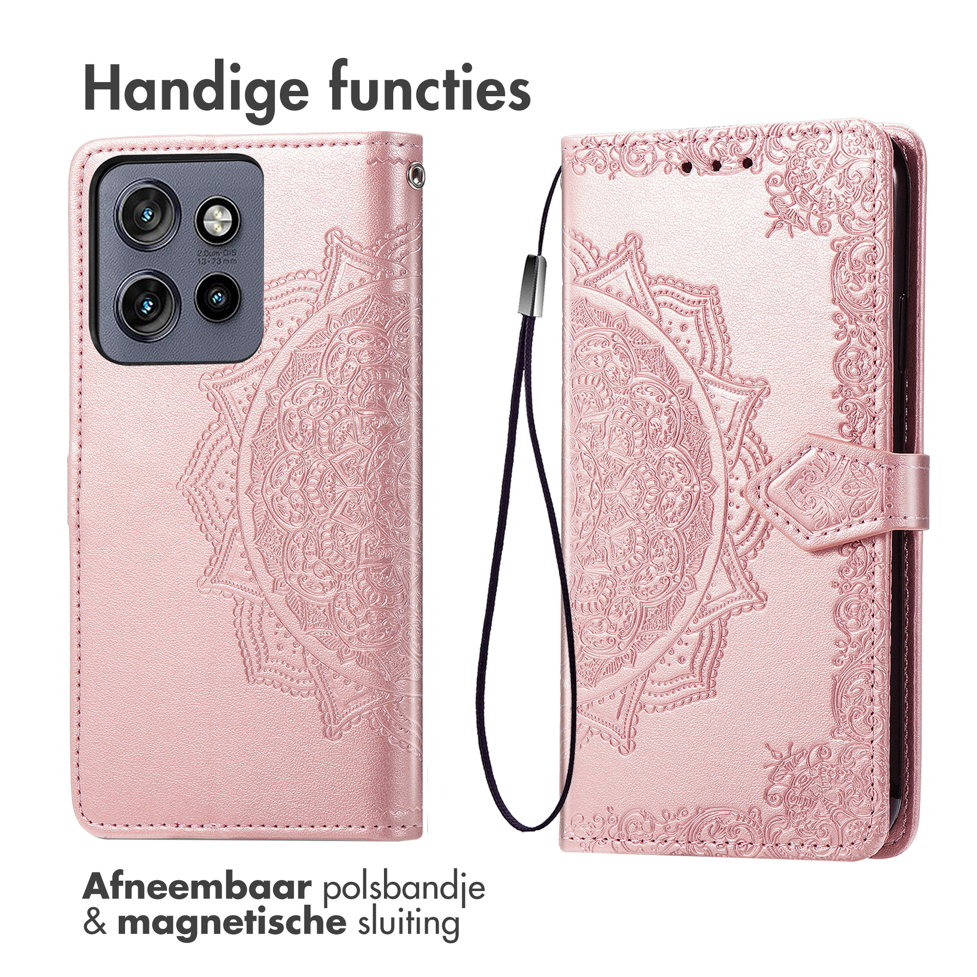 Roze telefoonhoesje met mandala-ontwerp. Afneembare polsband en magnetische sluiting. Telefooncamera links zichtbaar.