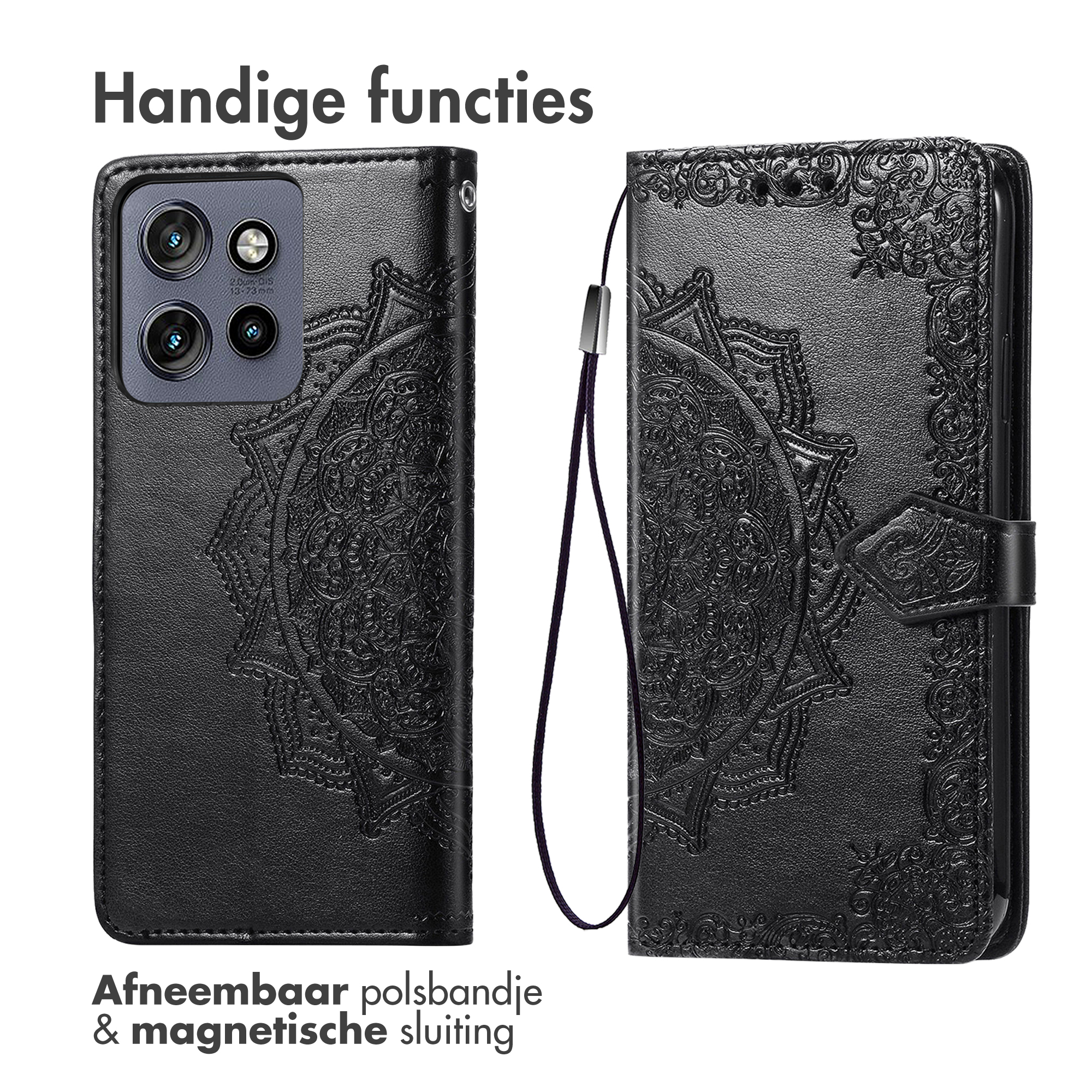 Étui de téléphone noir avec motif mandala détaillé. Dispose d'une dragonne et d'une fermeture magnétique.