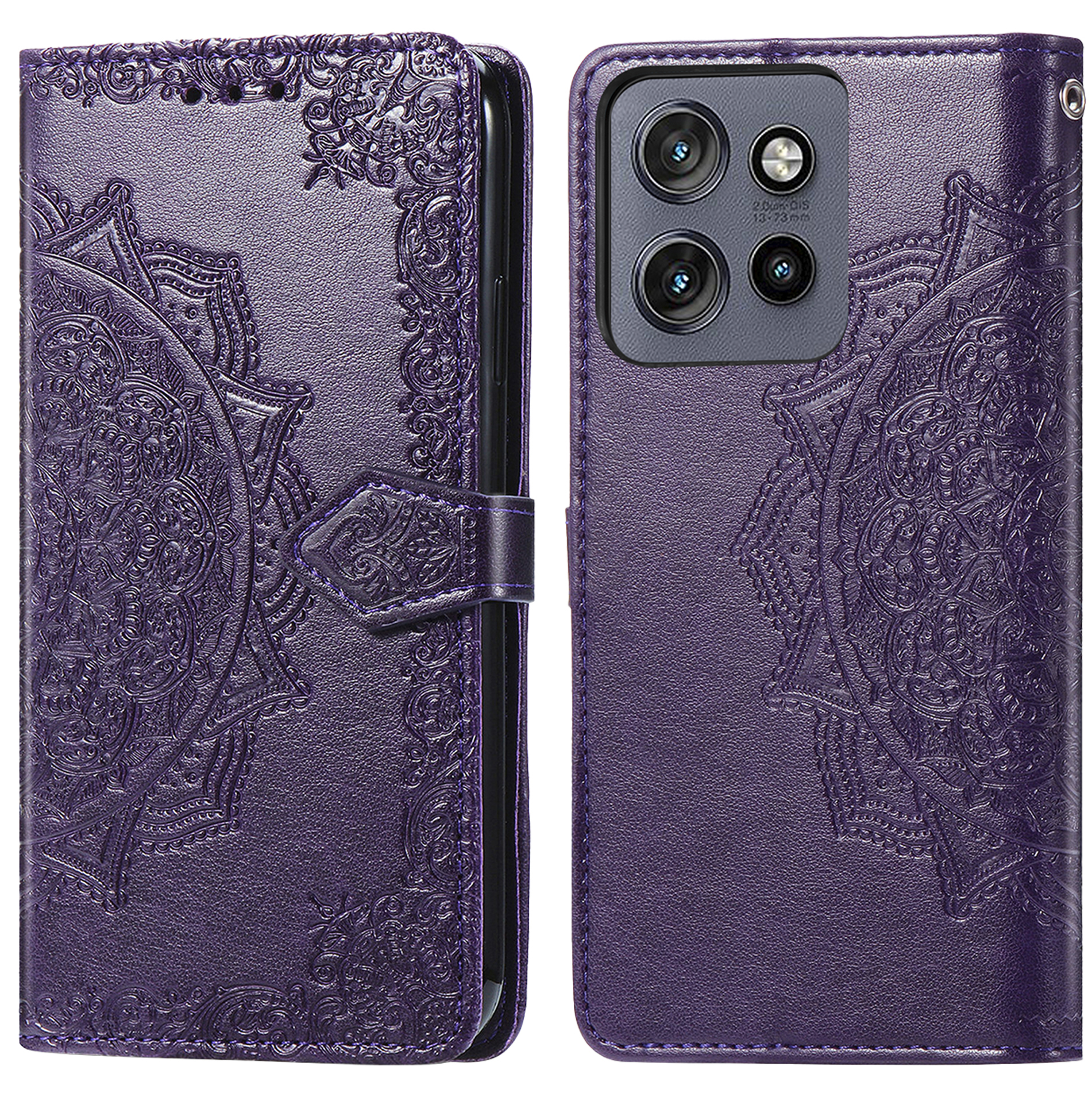 Paarse telefoonhoes, mandala-ontwerp, twee delen. Eén met sluiting, de andere met cameralenzen.