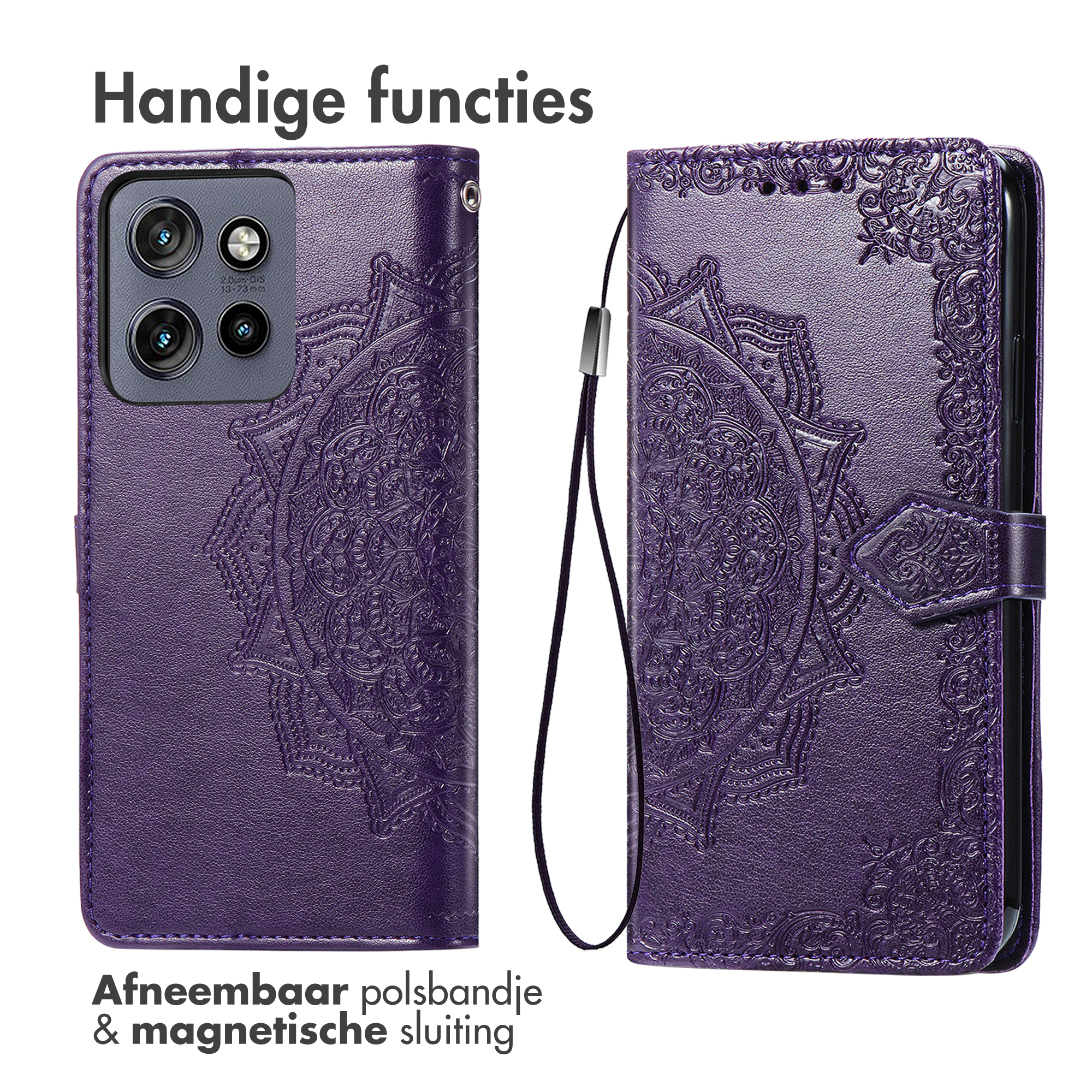 Paarse telefoonhoes met bloemenpatroon, met camera, afneembare polsband en magnetische sluiting.