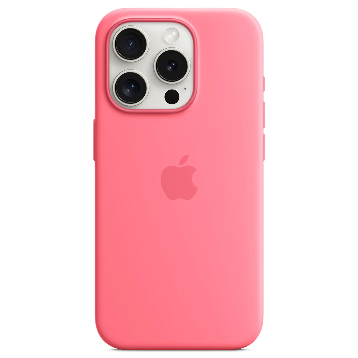 Een roze iPhone-hoesje met drie cameralenzen en een Apple-logo.