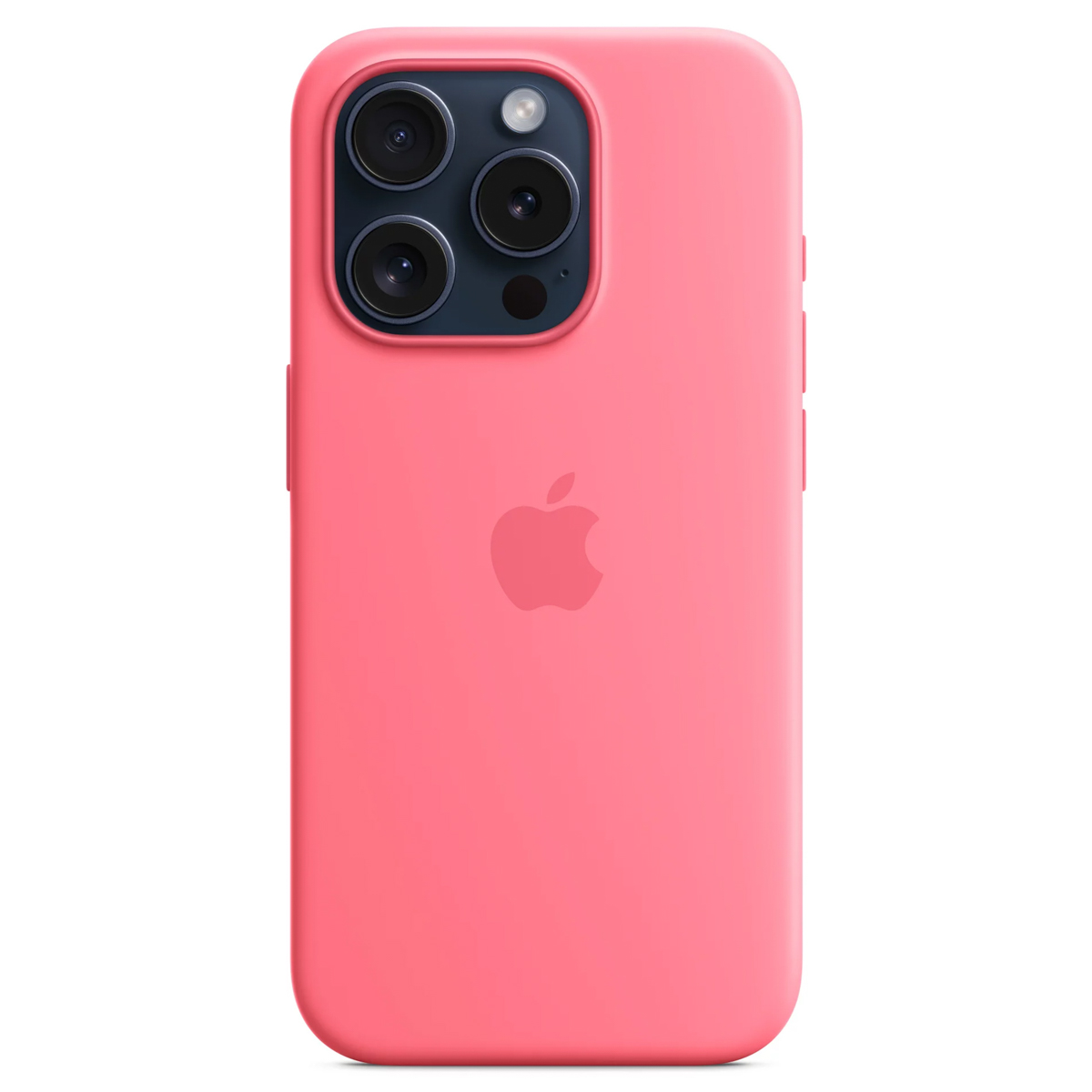 Een roze iPhone-hoesje met drie cameralenzen en een Apple-logo op de achterkant, tegen een witte achtergrond.