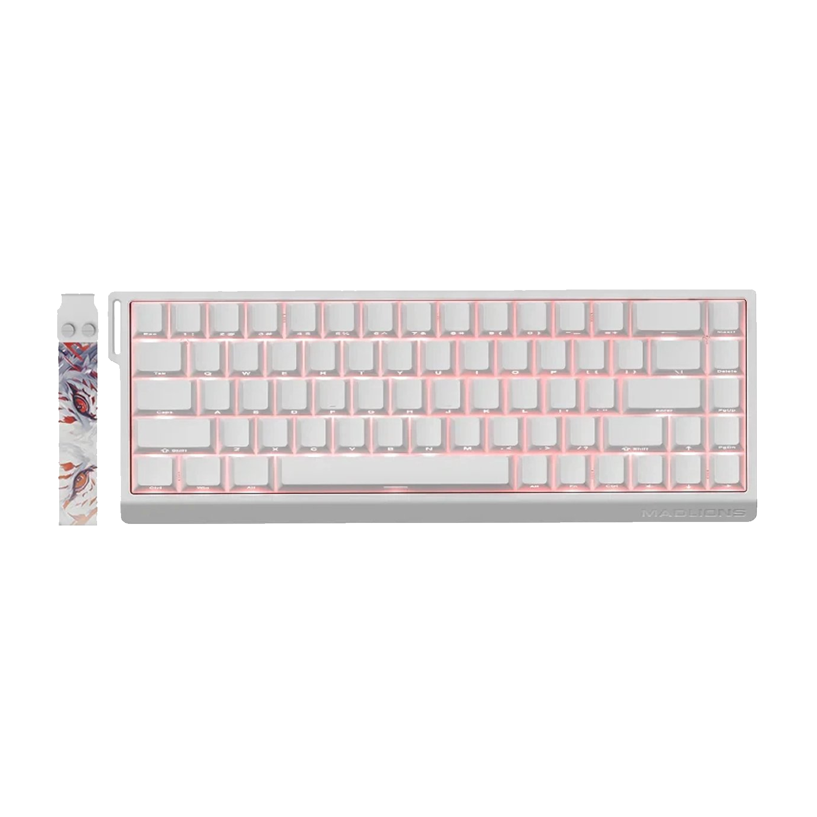 Una tastiera bianca e grigia con tasti bianchi e retroilluminazione rosa. Un poggiapolsi con un design a tigre a sinistra.