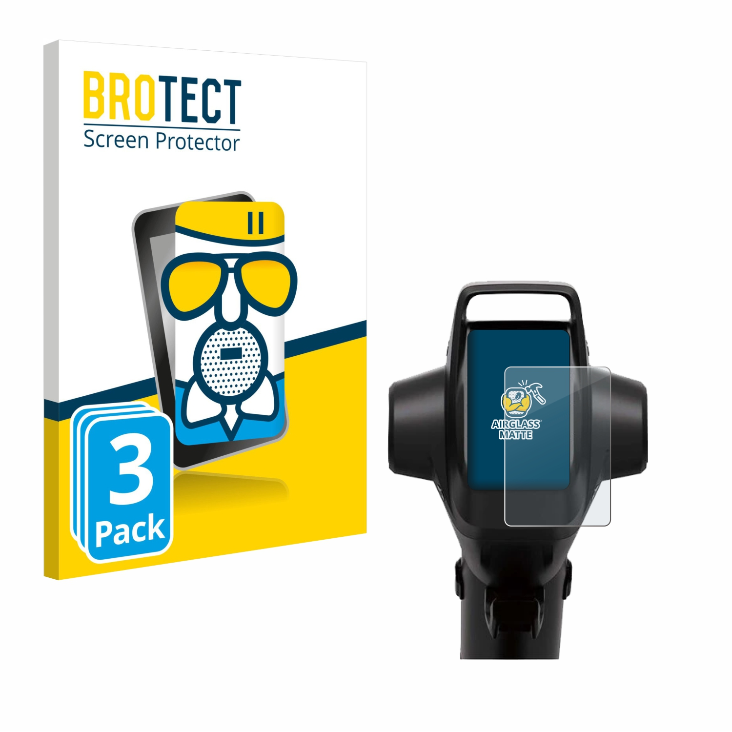 Eine Displayschutzfolienbox mit einer Displayschutzfolie auf einem schwarzen Gerät. Text sagt 'BROTECT Displayschutzfolie' und '3er Pack'.