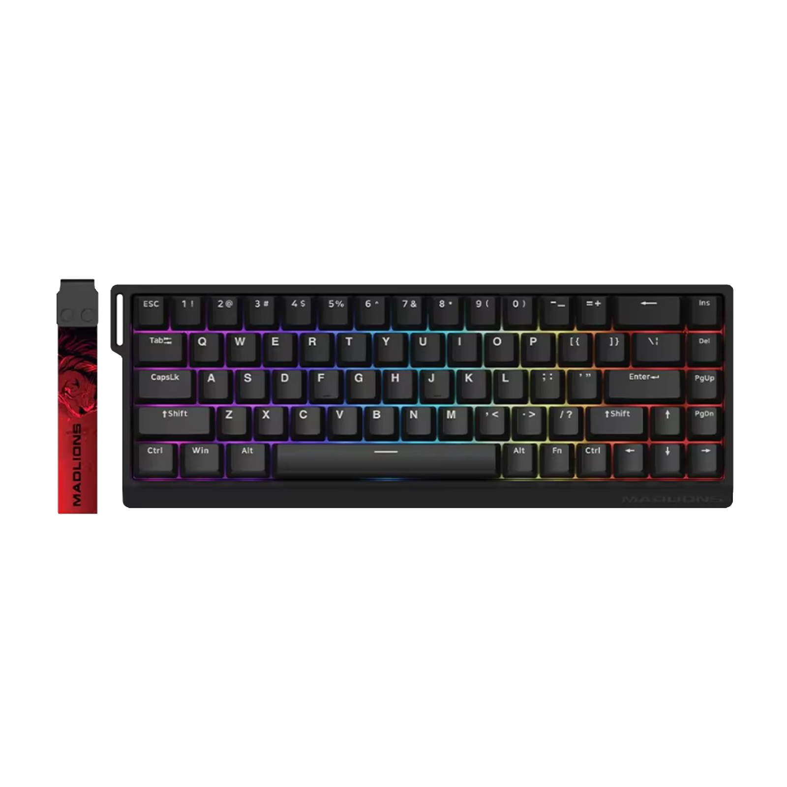Una tastiera nera con tasti multicolore. Un elemento laterale rosso e nero con la scritta MADLIONS.