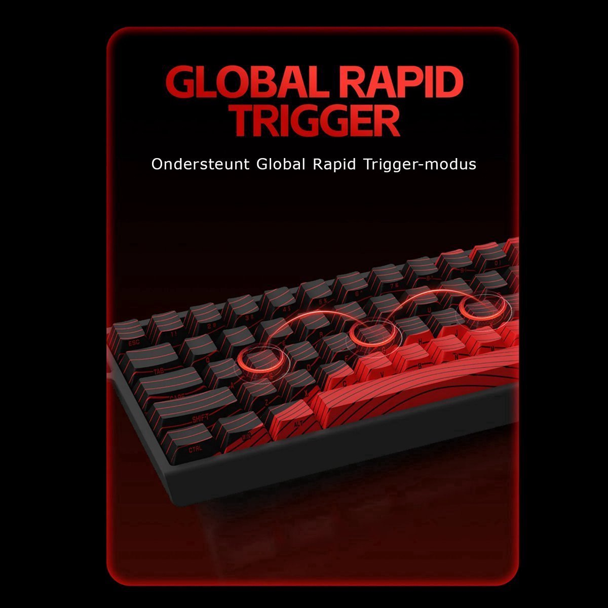 Un primo piano di una tastiera nera e rossa, con le parole 'GLOBAL RAPID TRIGGER' in alto.