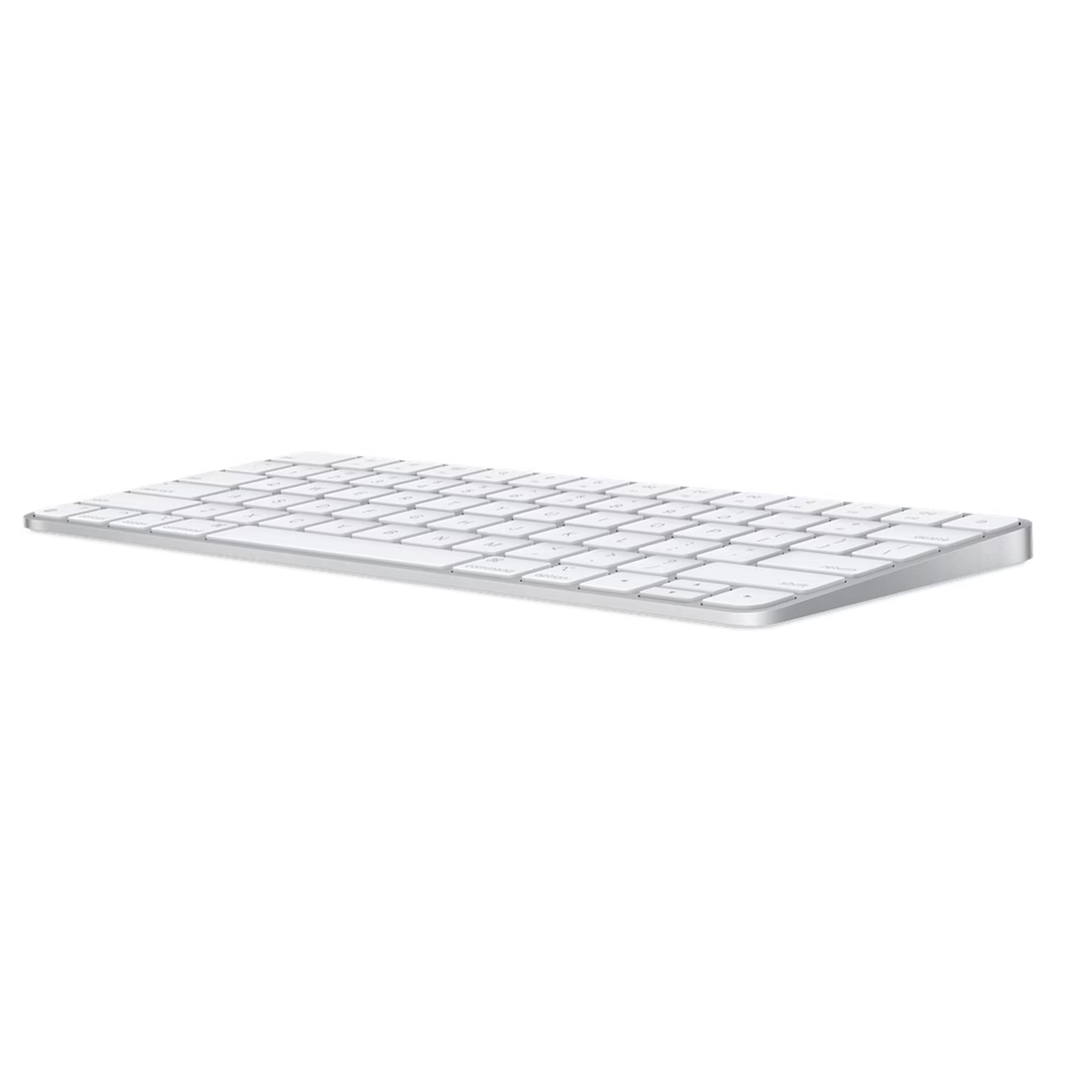 Een wit en zilver Apple-toetsenbord op een witte achtergrond. Het toetsenbord is dun en strak.