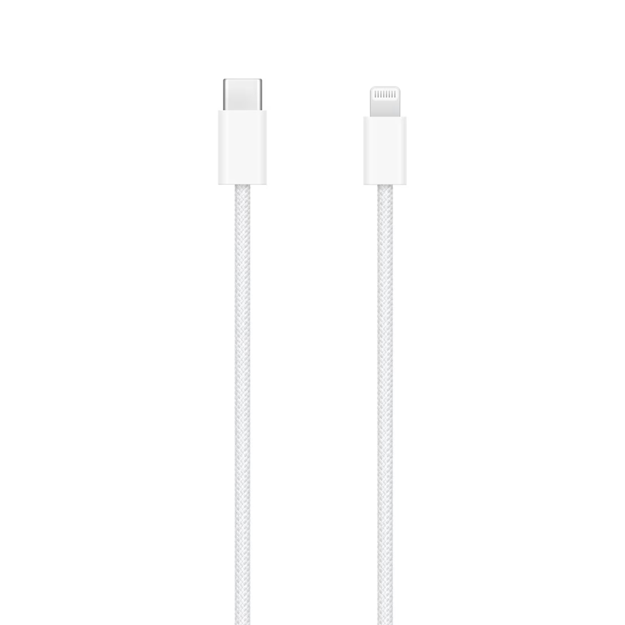 Twee witte oplaadkabels met verschillende connectoren. Eén is USB-C en de ander Lightning, op een witte achtergrond.