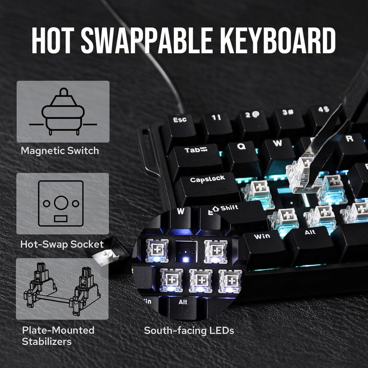 Close-up van een toetsenbord met verwijderde keycaps, met nadruk op hot-swap switches en LED's. Tekstelementen beschrijven functies.