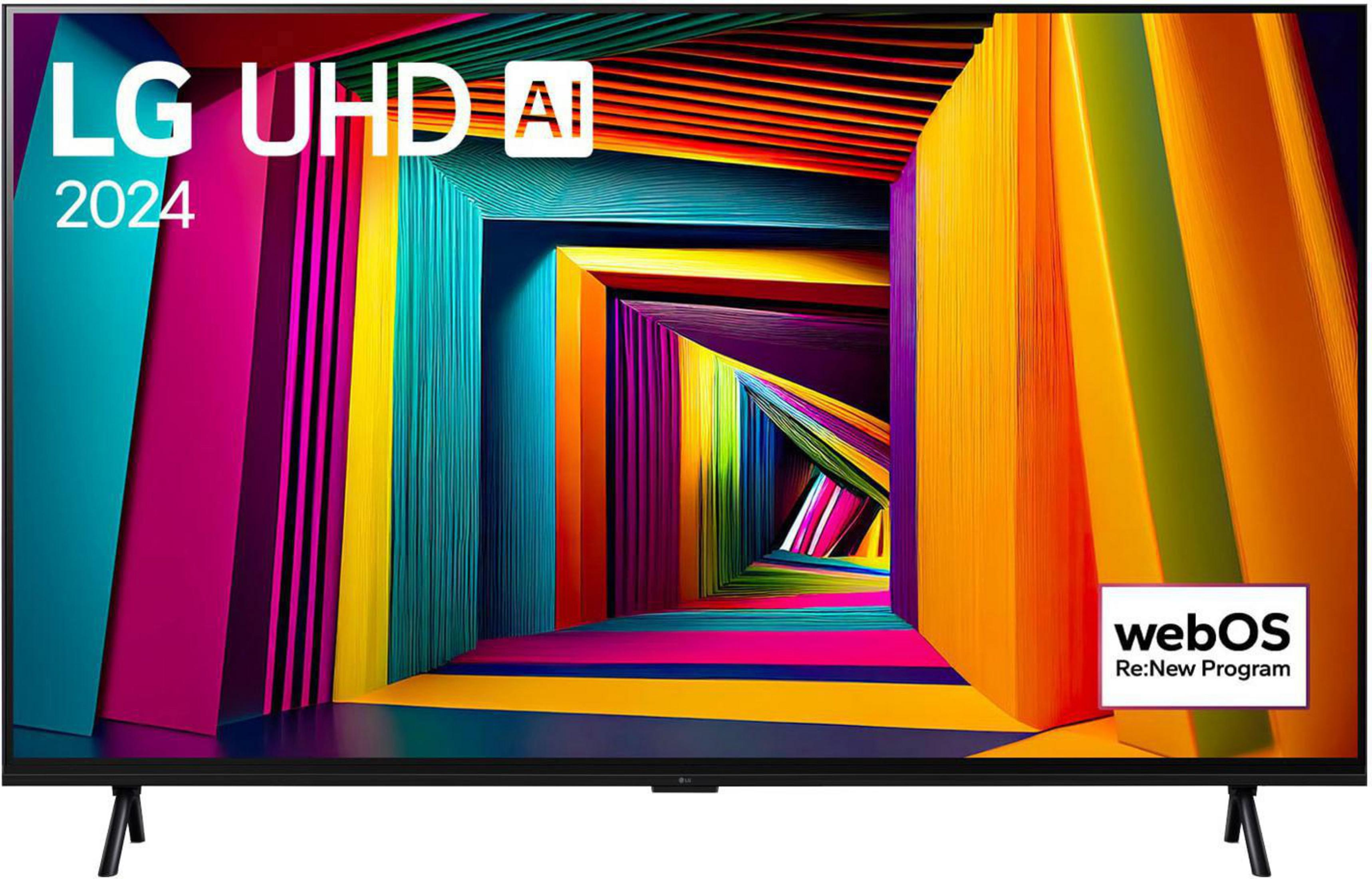 LG UHD AI 2024 tv met kleurrijke abstracte achtergrond. webOS logo rechtsonder.