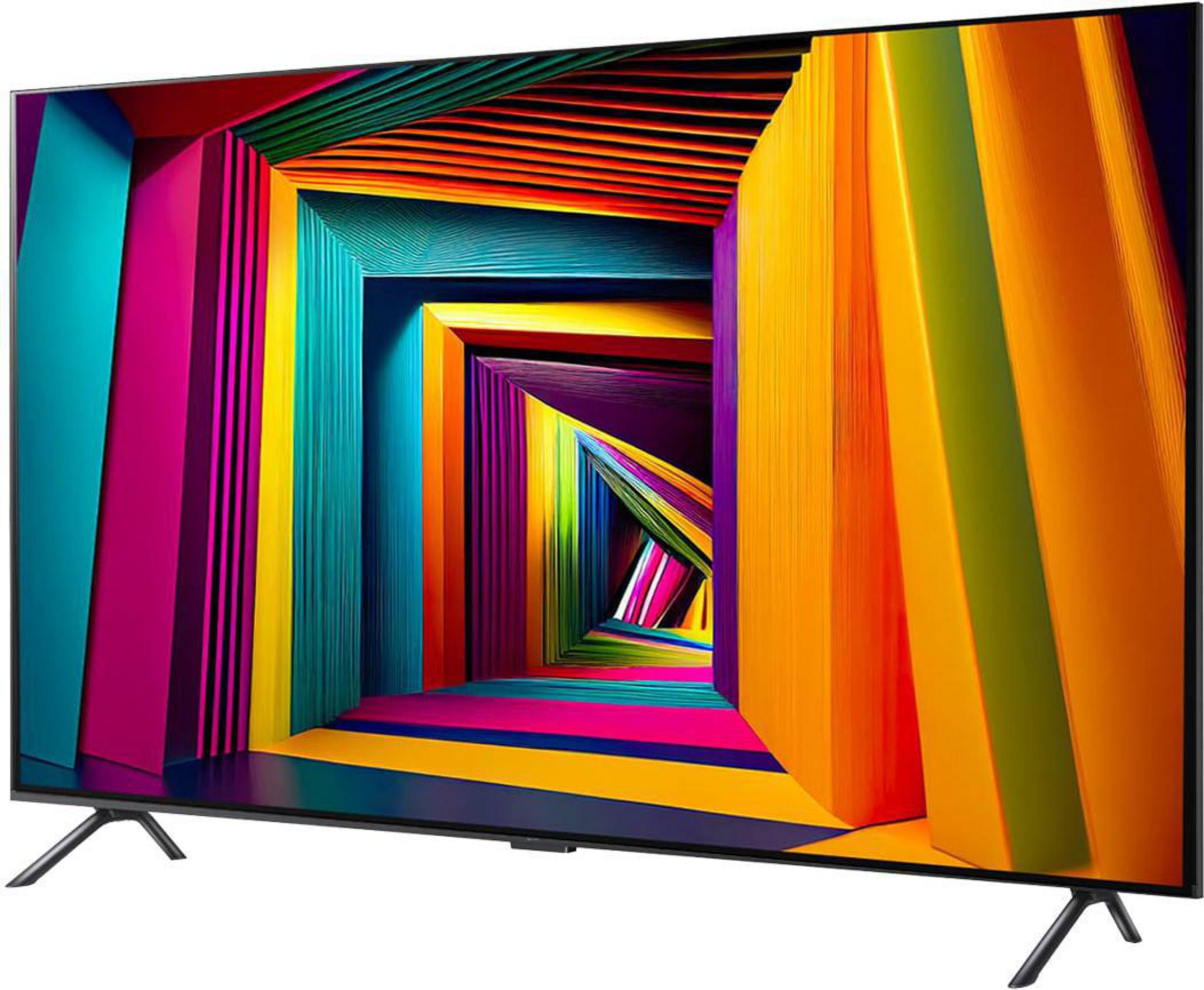 Een tv toont een abstracte, kleurrijke tunnel. De wanden van de tunnel zijn verticale strepen in verschillende tinten, wat een levendige illusie creëert.