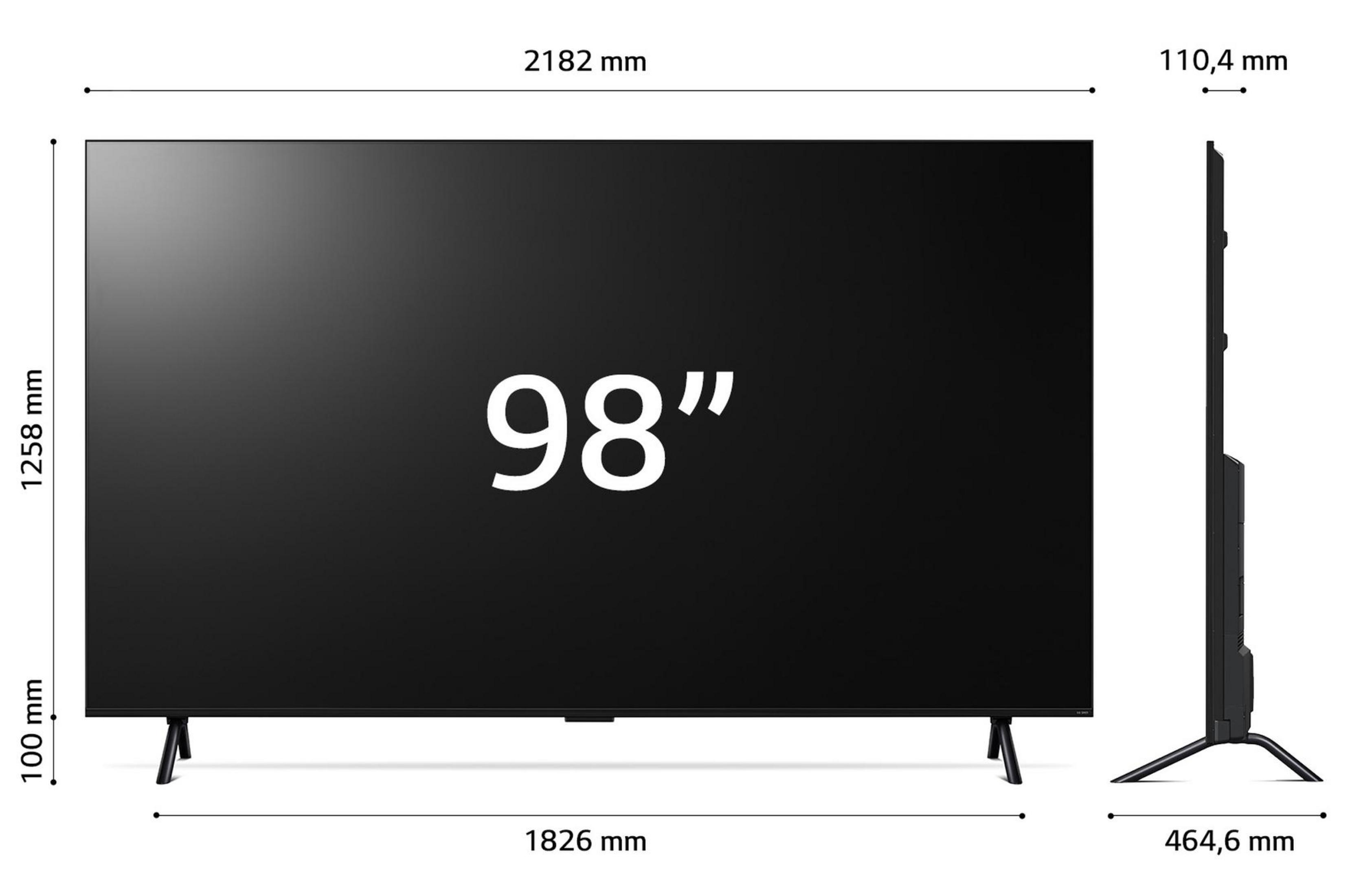 Een grote zwarte 98-inch tv met afmetingen weergegeven. Het scherm is zwart, met witte tekst "98".