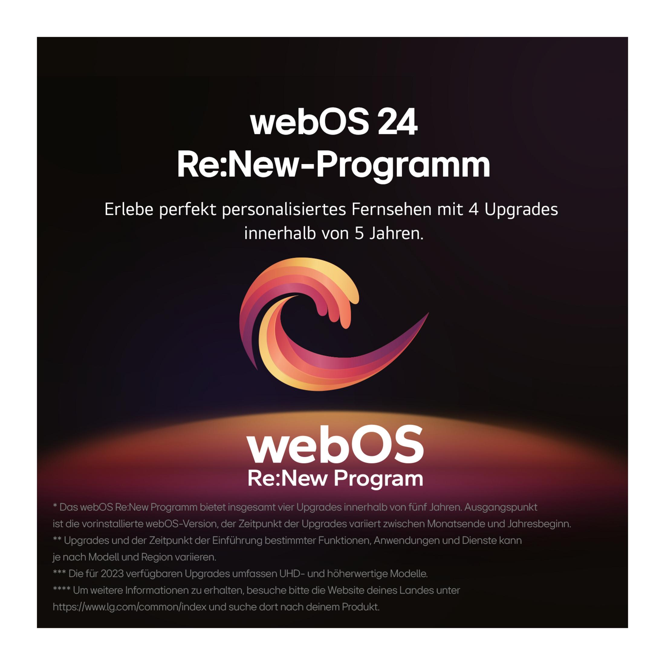 De afbeelding toont webOS 24 Re:New-Programm. Het heeft een logo met een abstract ontwerp en tekst die upgrades promoot.