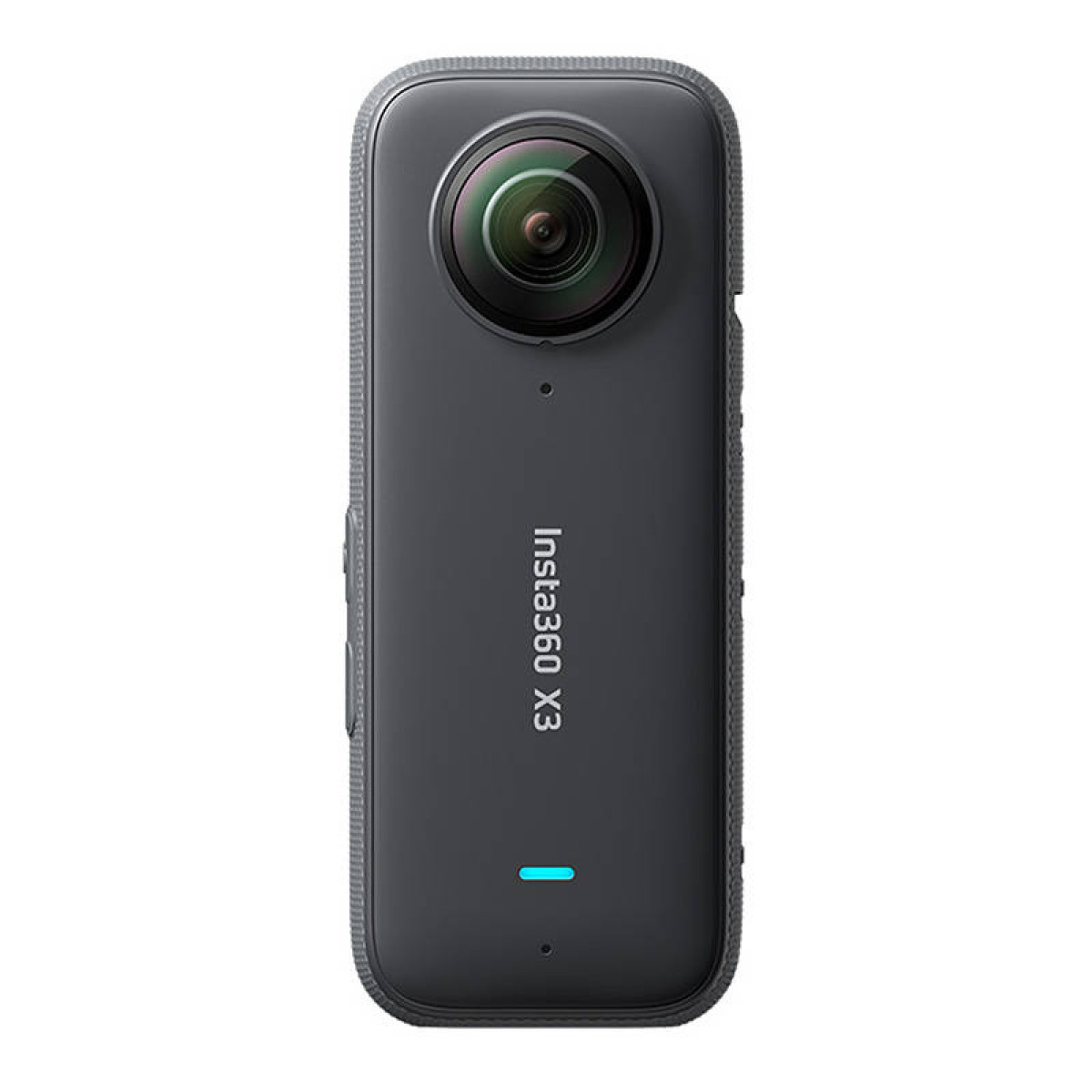 Eine dunkelgraue Insta360 X3 Kamera mit einem auffälligen Objektiv, dem Markennamen und einem blauen Indikatorlicht. Die Kamera ist rechteckig.