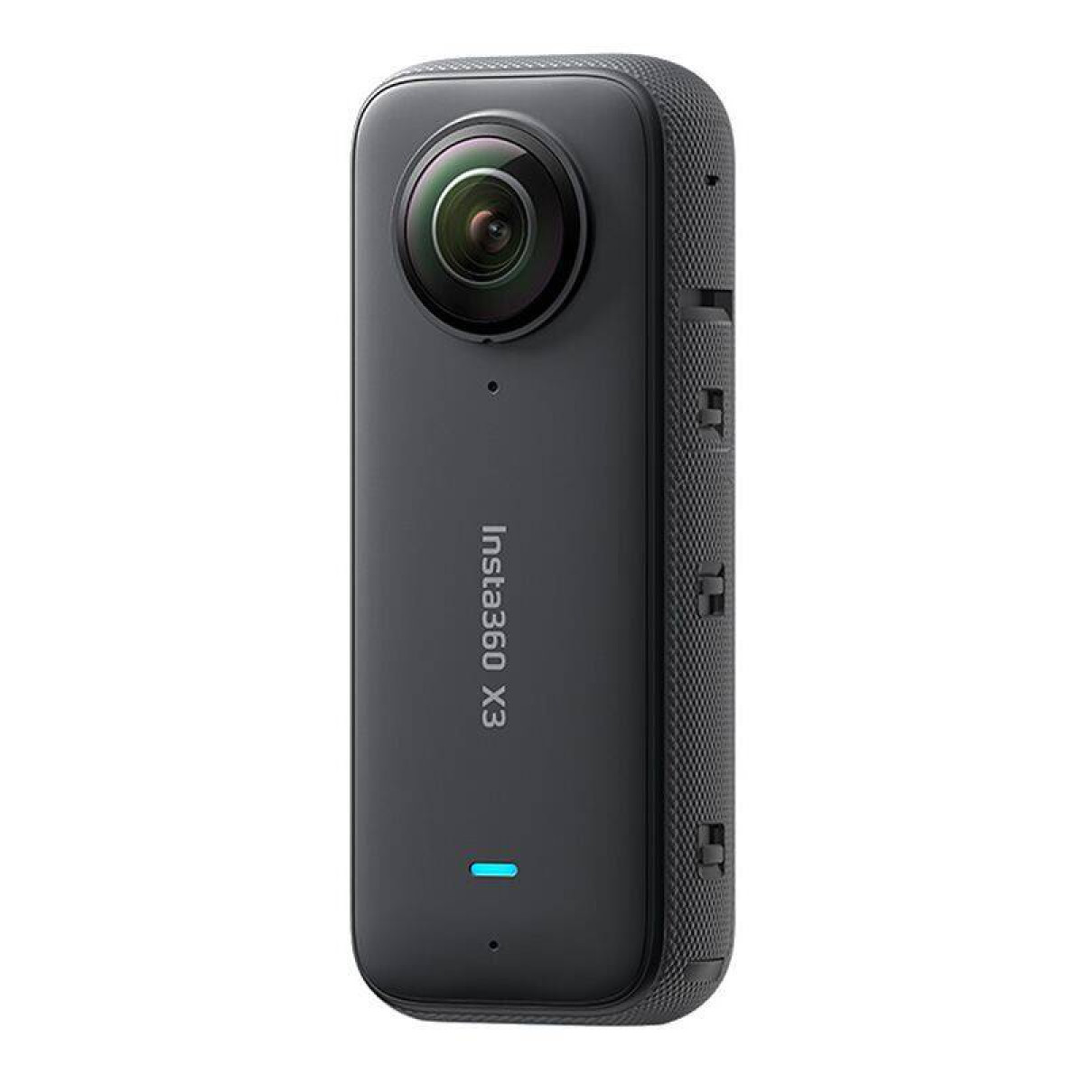 Eine schwarze Insta360 X3 Kamera. Sie hat eine Linse auf der Vorderseite, ein blaues Licht und den Text 'Insta360 X3'.