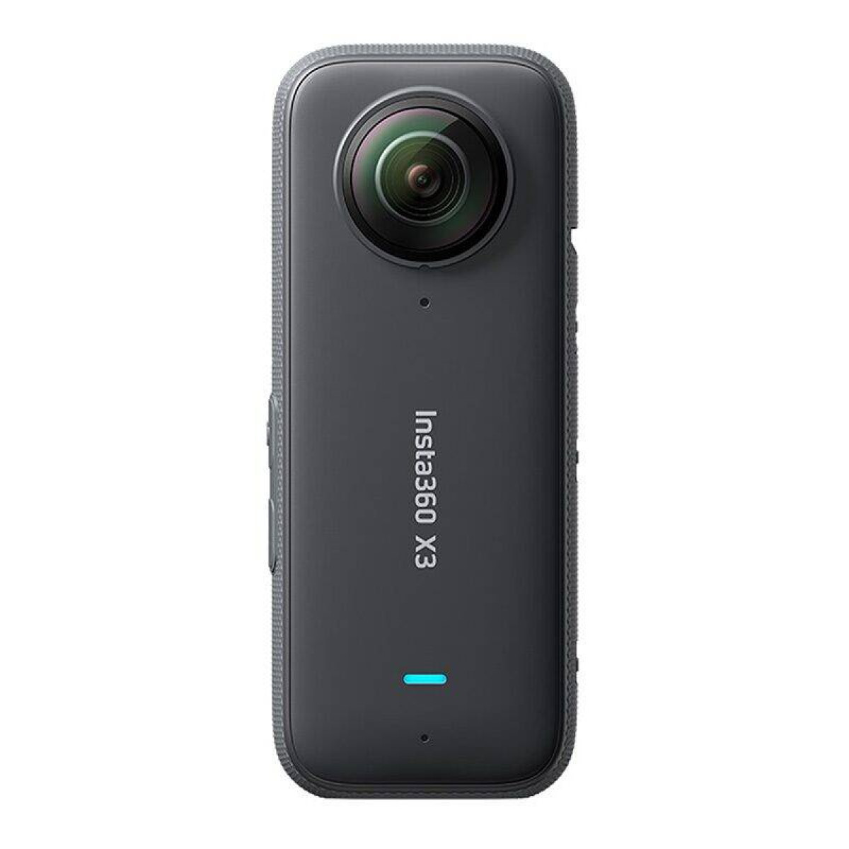 Dunkelgraue Insta360 X3 Kamera mit großem Objektiv. Der Markenname steht auf dem Kameragehäuse. Es gibt ein blaues Licht.
