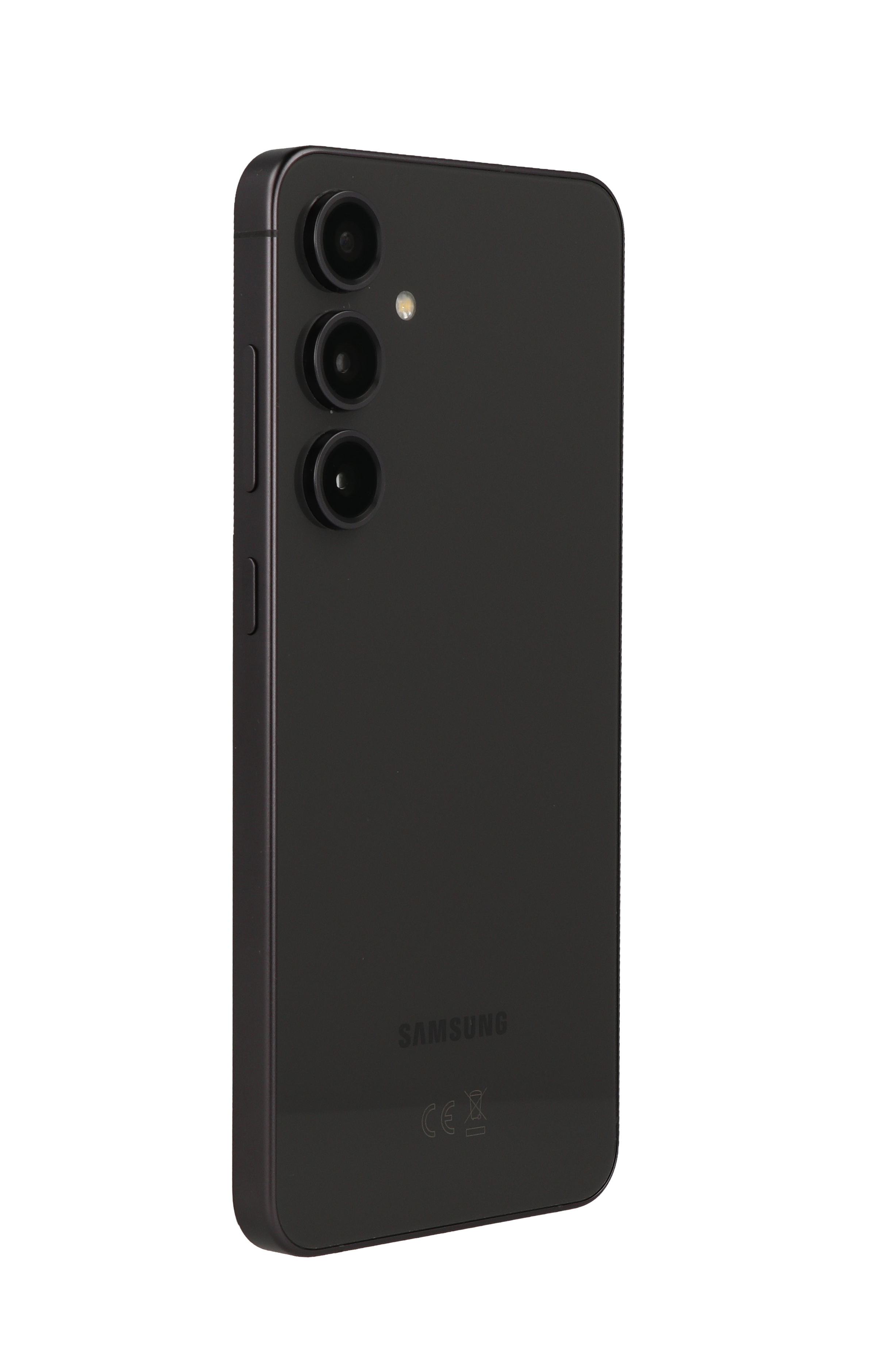 Czarny smartfon Samsung jest pokazany pod kątem. Ma trzy obiektywy aparatu i logo Samsunga.