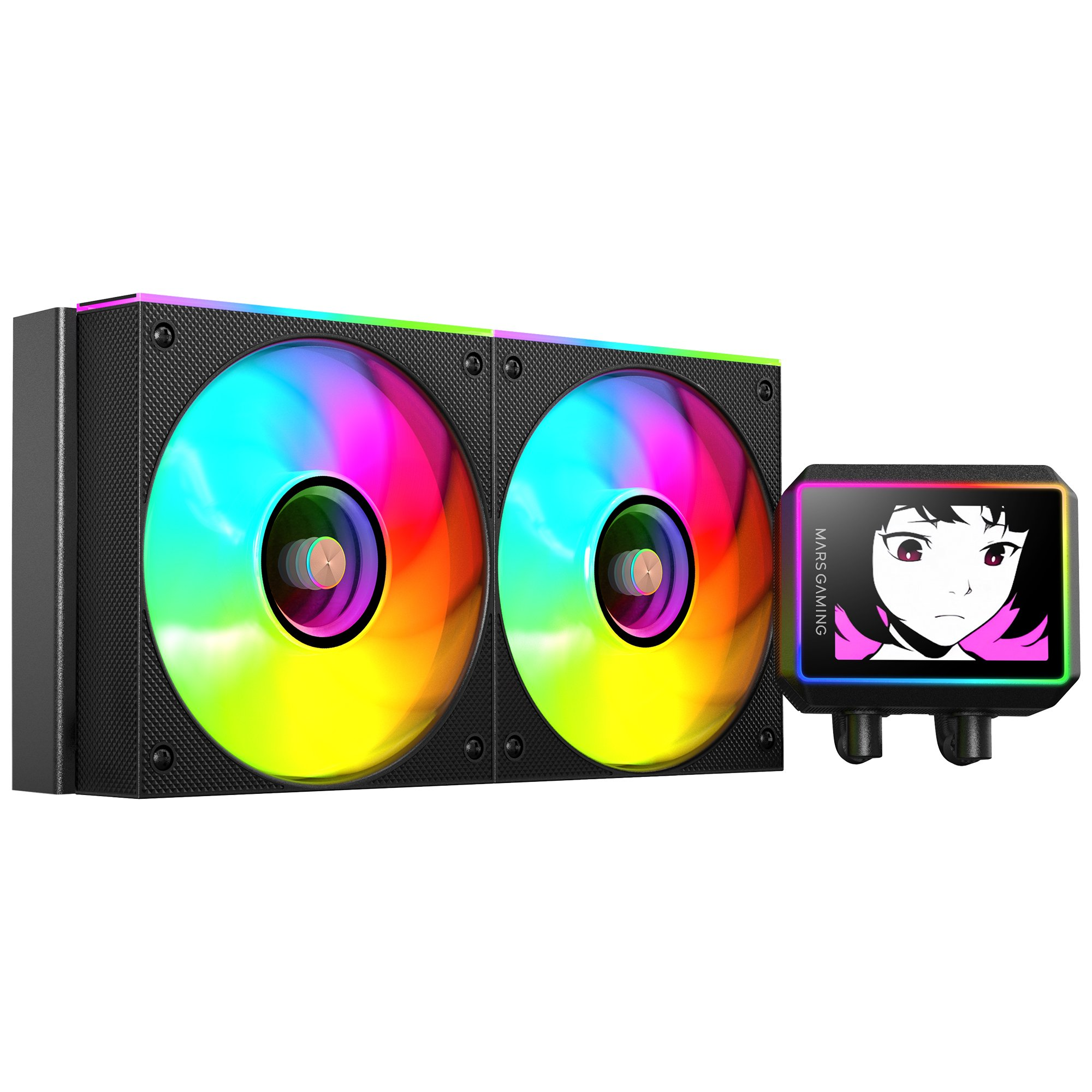Un dissipatore a liquido per computer con due ventole che mostrano luci colorate. Un piccolo display mostra un volto di un cartone animato. MARS GAMING è scritto sopra.