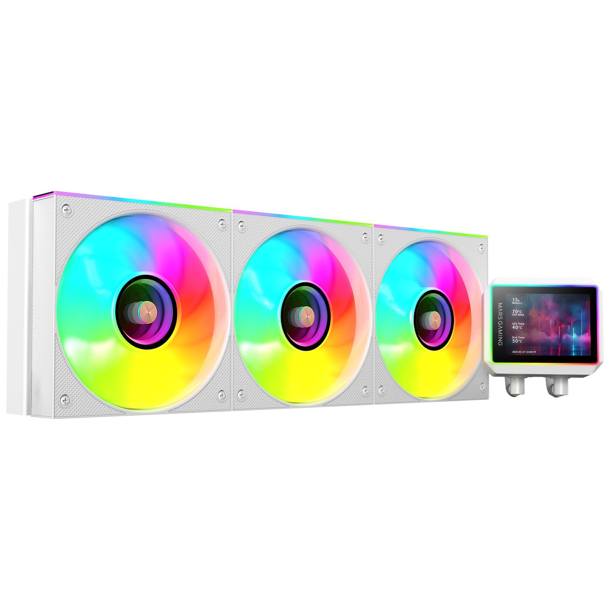 Un dissipatore per computer bianco con tre ventole illuminate ad arcobaleno e uno schermo.