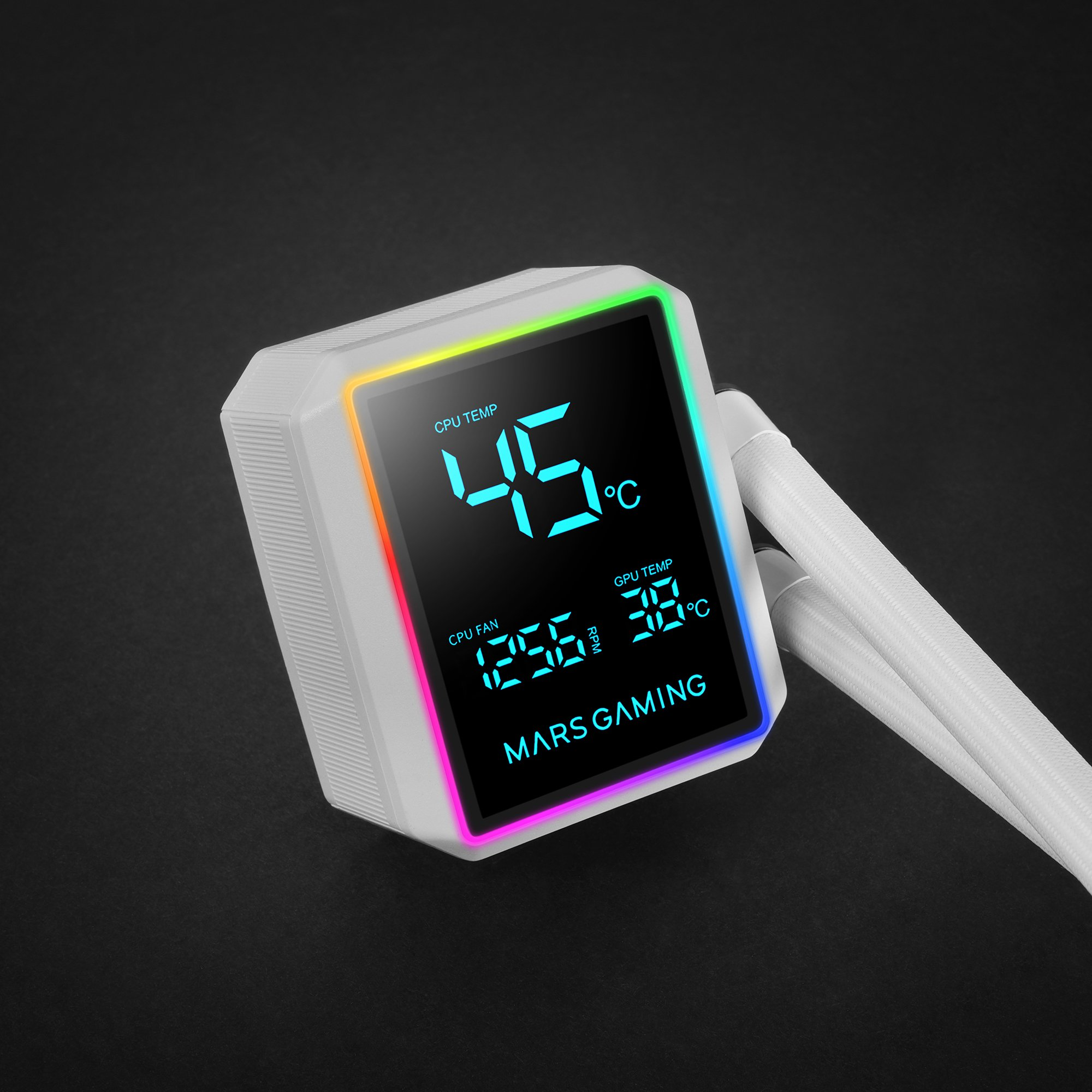 Un dissipatore CPU MARS GAMING bianco che mostra temperatura e velocità ventola su schermo con bordo arcobaleno, su sfondo nero.